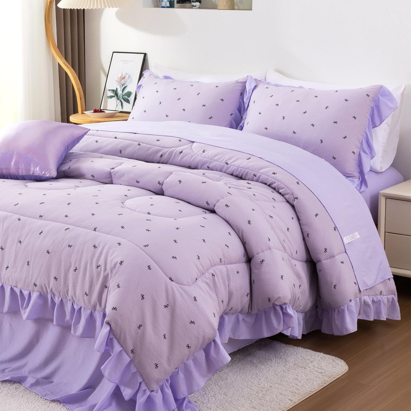 All-Season 6 Piece Delicate Bows Purple Bedding Set Ruffle Princess Style Comforter Set Bed in a Bag - Hypoallergenic Ultra-Fluffy Quilt for Winter - Default Title