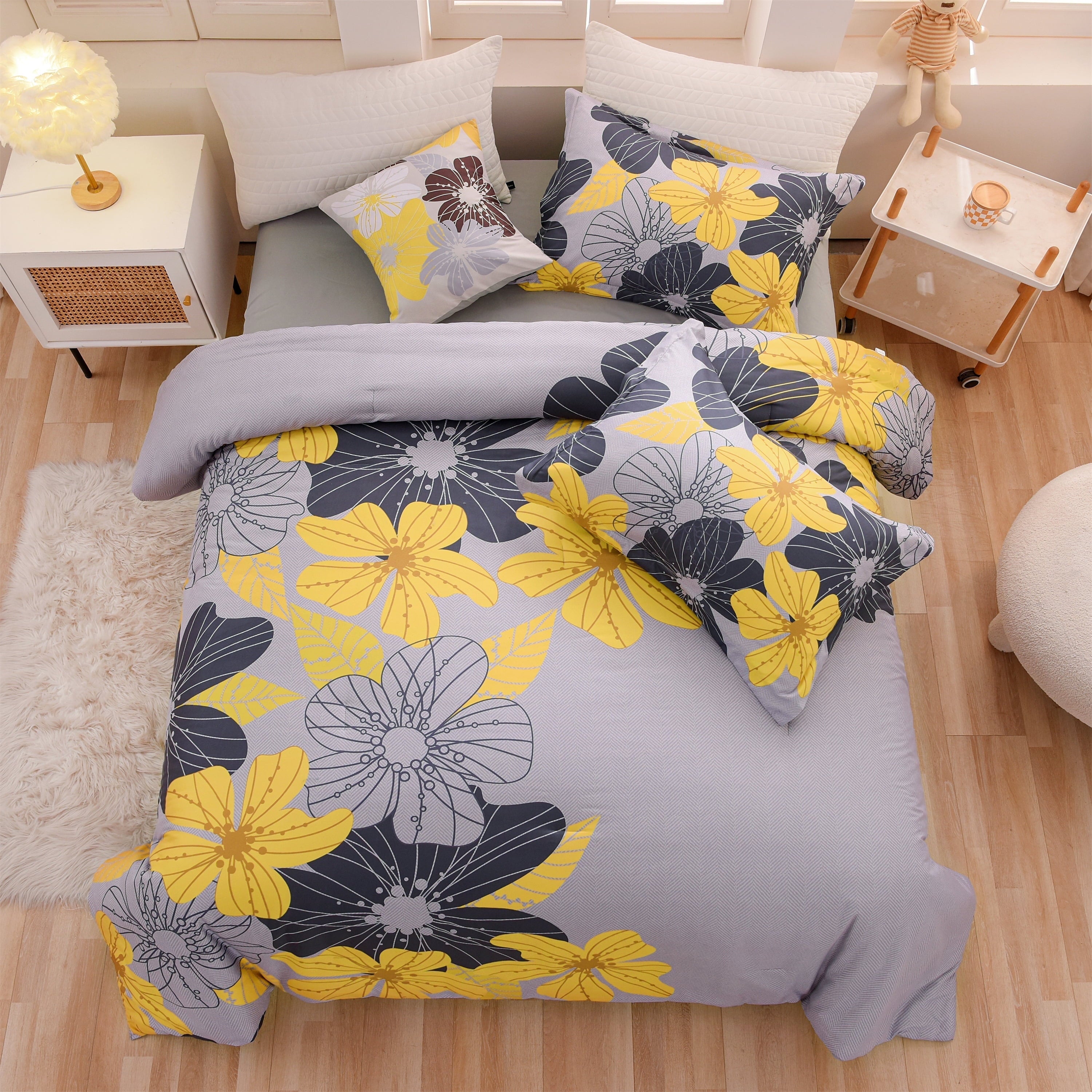 Fluffy Down Alternative Yellow Floral Comforter Set Queen Flower Bed Set Adult Soft Botanical Boho Bedding Set - All-Season Down Alternative Comforter Insert - Default Title