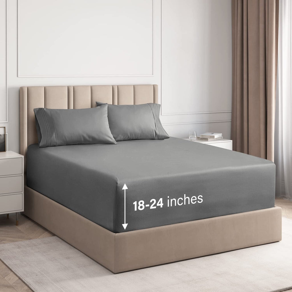 Ultra-Soft 4-Piece Extra Deep Pocket Sheet Set - Full Size Breathable & Cooling Bed Sheets Fits 18"-24" Mattresses, Gray - Cooling Hotel Quality Bedding Sheets and Pillowcases - Default Title