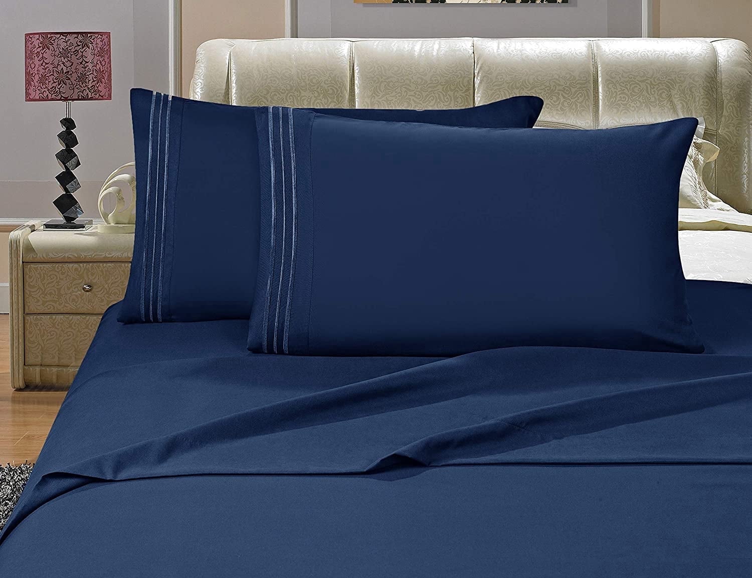 Premium Egyptian Cotton 4-Piece Microfiber Bed Sheet Set, Soft & Breathable, Wrinkle & Fade Resistant, Deep Pocket, Queen, Navy Blue - Cooling Hotel Quality Bedding Sheets and Pillowcases - Default Title