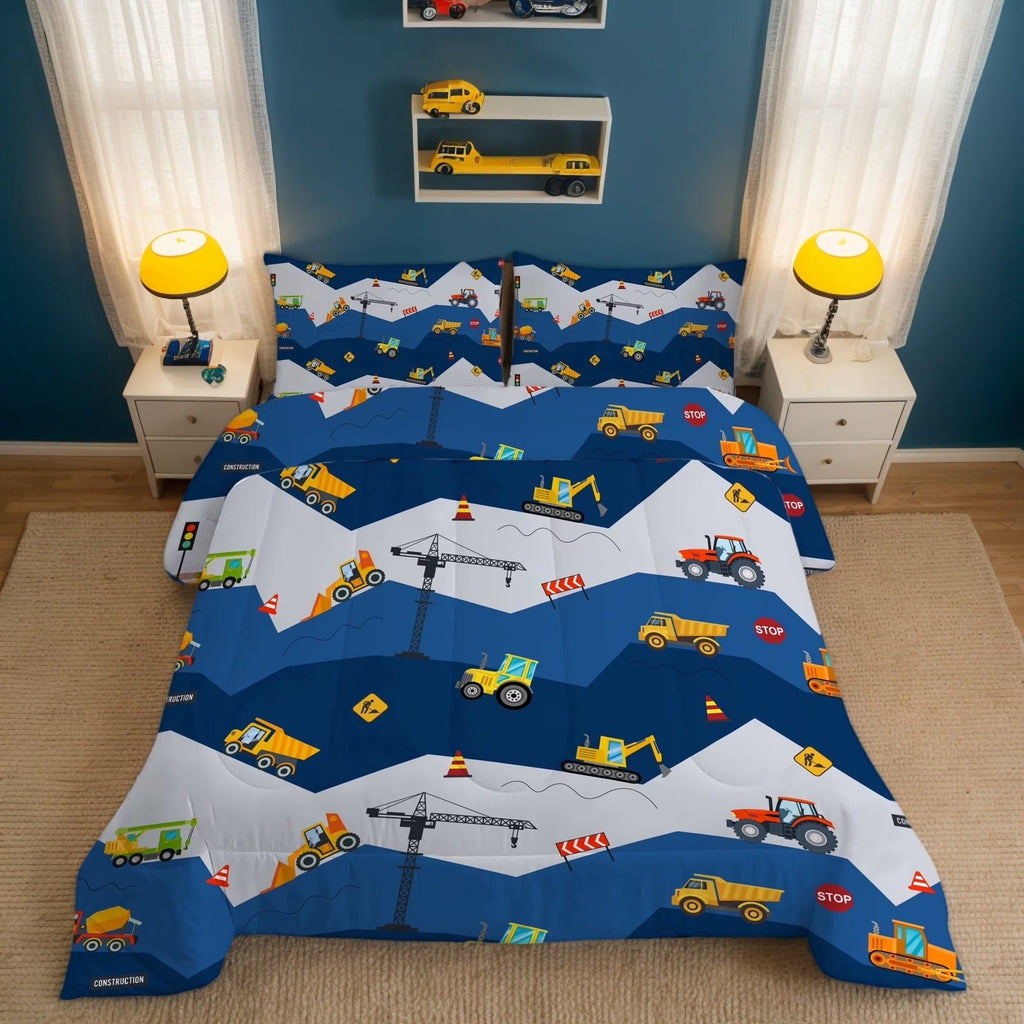 Luxurious Quilted Car Comforter Set Construction Bedding Set for Boys Kids Trucks Comforter Cartoon Car Excavator Tractor Blue 3Pcs Twin - Cloud-Like Soft Lightweight Bed Comforter - Default Title