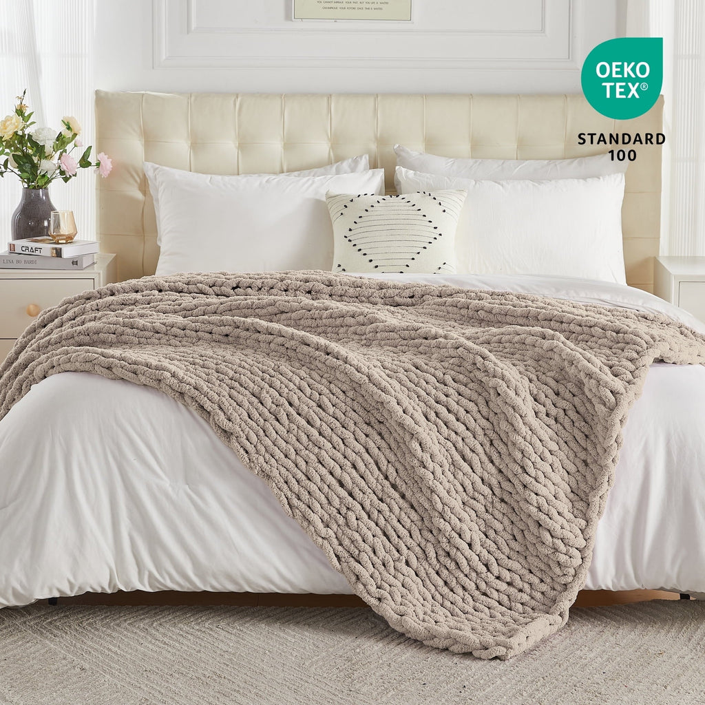 Cozy Fleece Chunky Knit Throw Blanket Handmade Soft Throws for Couch Sofa Bed, 50" x 60" Taupe - Lightweight Plush Warm Blanket for All Seasons - Default Title