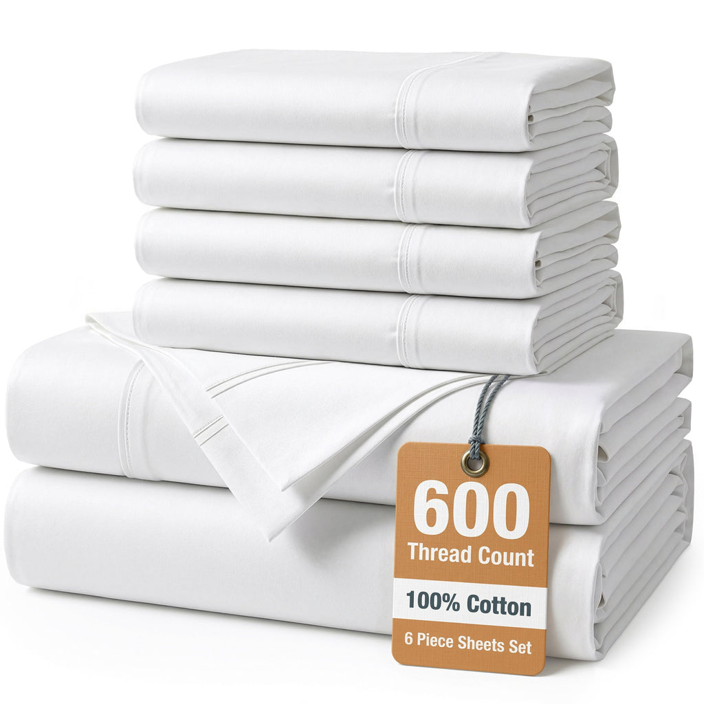 Cooling Sateen Bed Sheets Set – 6 Piece, 600 Thread Count, 100% Cotton Sheets, Hotel Luxury Sateen Finish, 15" Deep Pocket, Easy to ... - Luxury Bed Sheet Set with Deep Pockets - Default Title