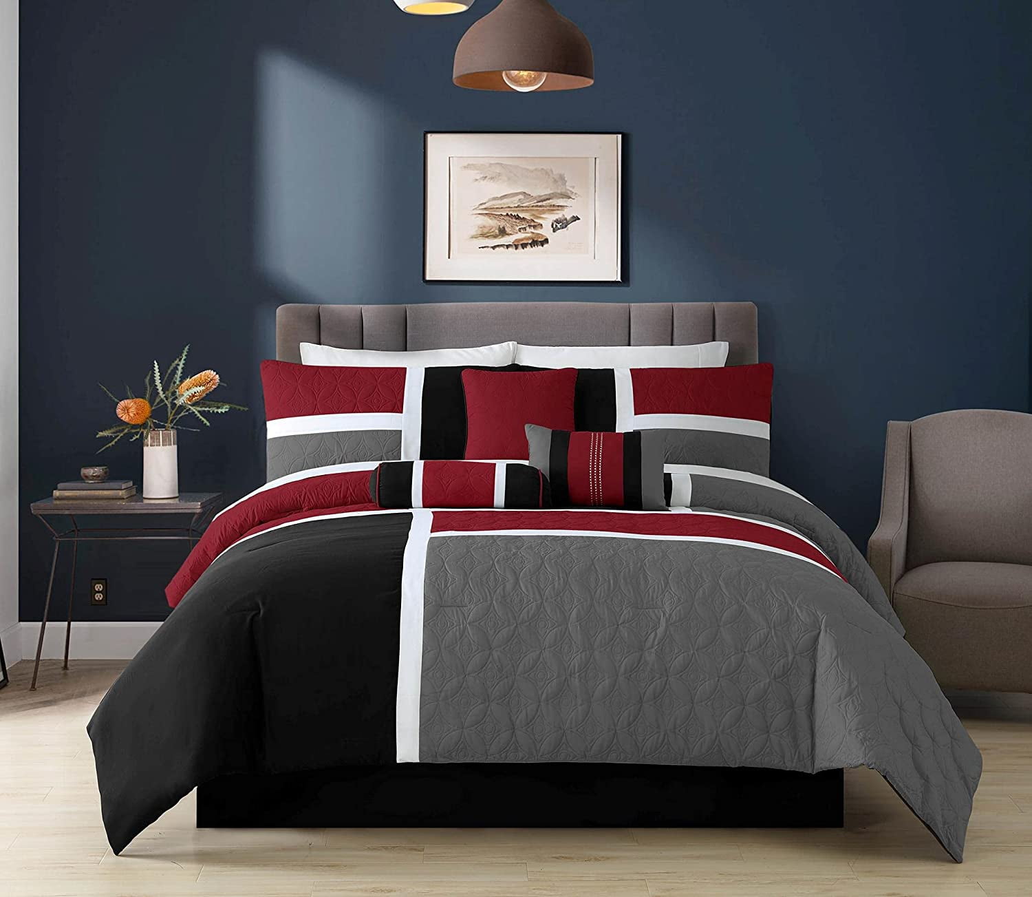 All-Season 7-Piece Medallion Patchwork Comforter Set, Full, Red/Gray/Black - All-Season Down Alternative Comforter Insert - Default Title