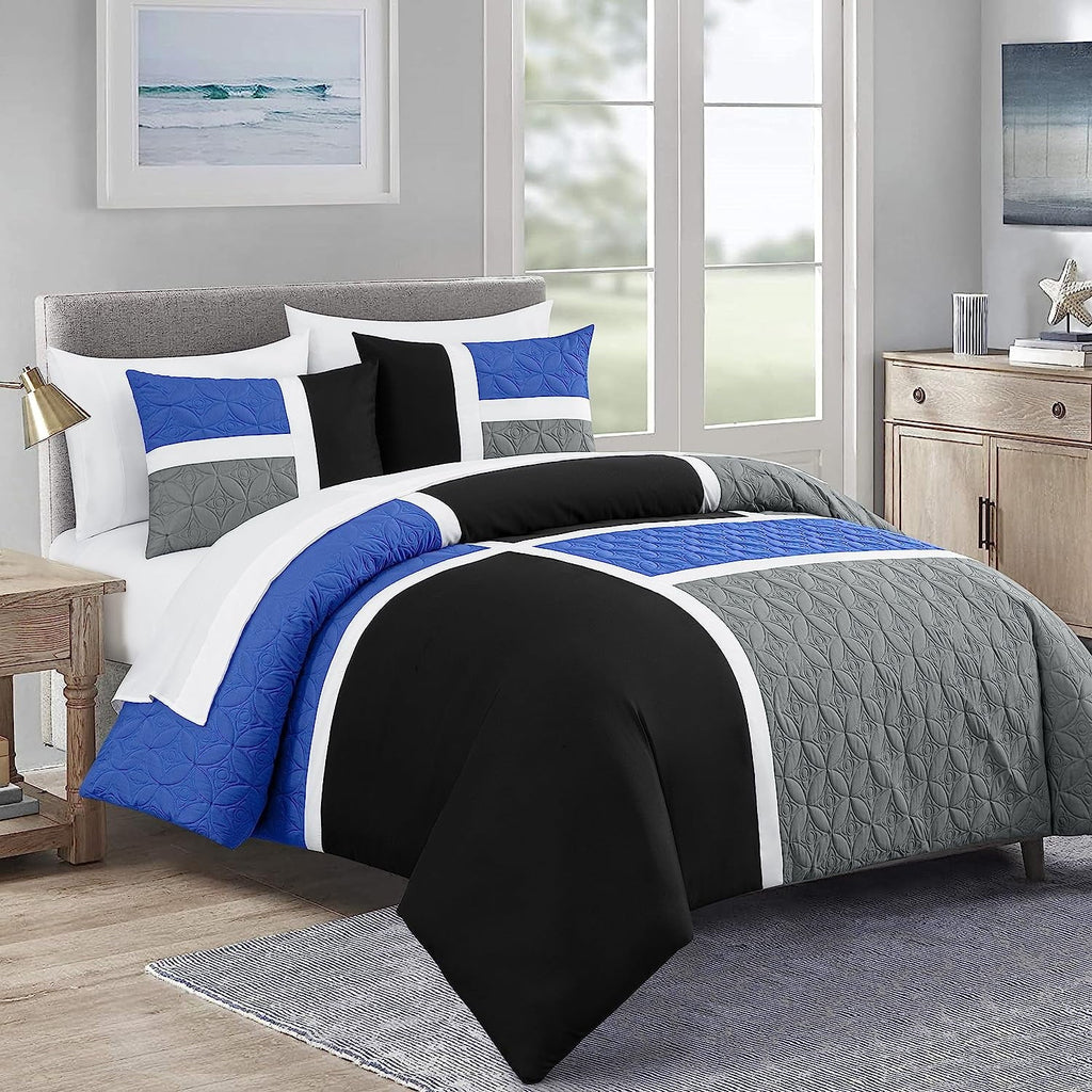 All-Season Bernard 7-Piece Full Bed in a Bag Comforter Set with Sheets, Lightweight Comforter Blue Black Gray Patchwork Quilted ... - Hypoallergenic Ultra-Fluffy Quilt for Winter - Default Title
