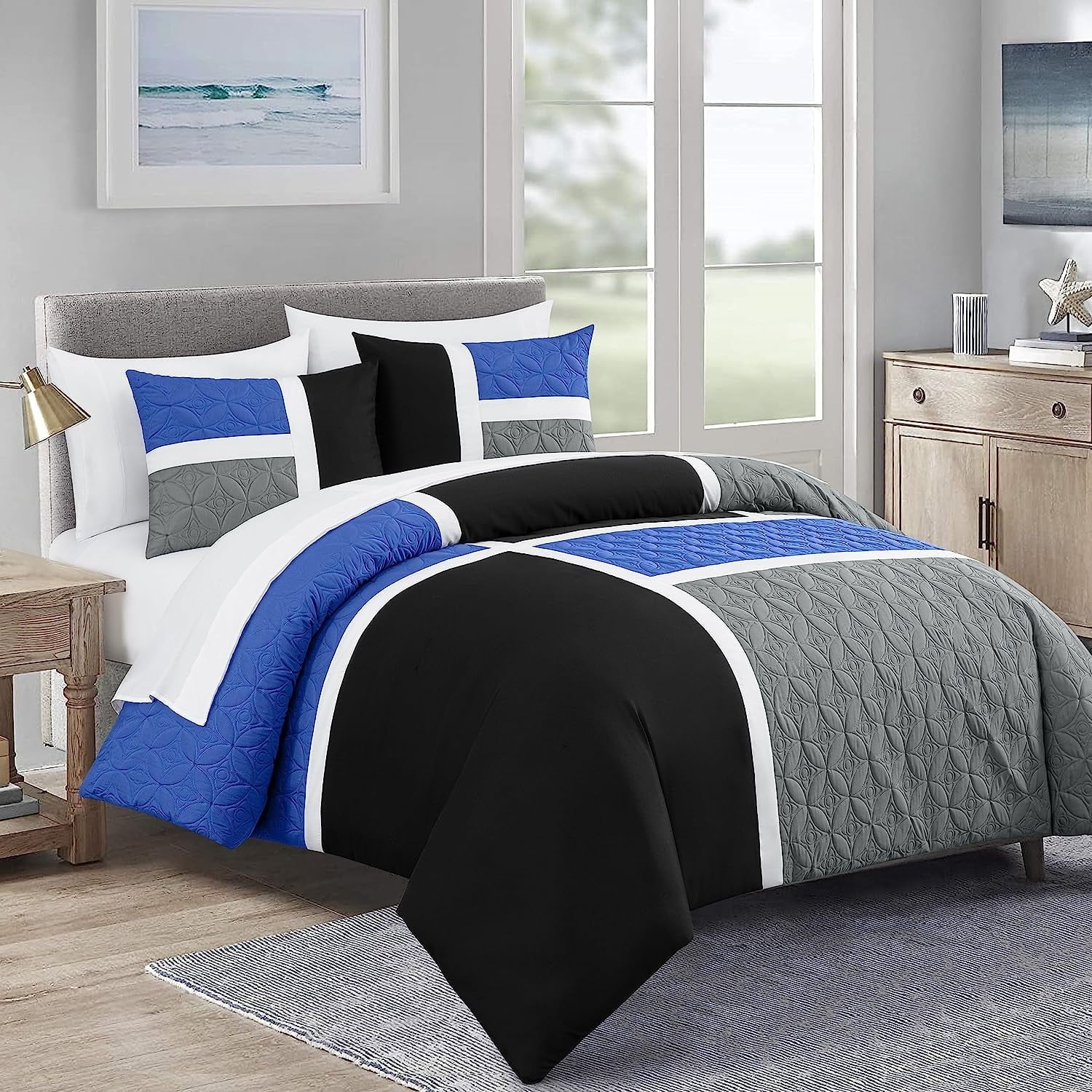 All-Season Bernard 7-Piece Full Bed in a Bag Comforter Set with Sheets, Lightweight Comforter Blue Black Gray Patchwork Quilted ... - Hypoallergenic Ultra-Fluffy Quilt for Winter - Default Title