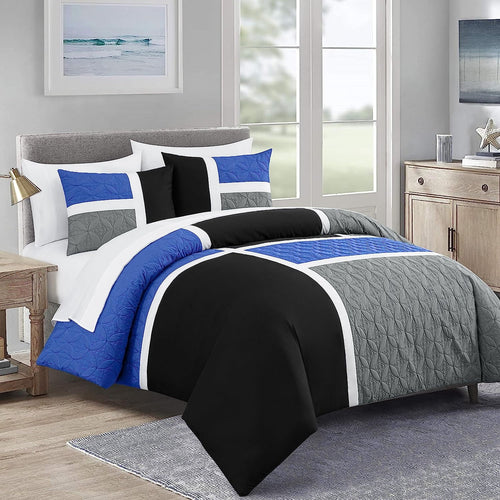 All-Season Bernard 7-Piece Full Bed in a Bag Comforter Set with Sheets, Lightweight Comforter Blue Black Gray Patchwork Quilted ... - Hypoallergenic Ultra-Fluffy Quilt for Winter - Default Title