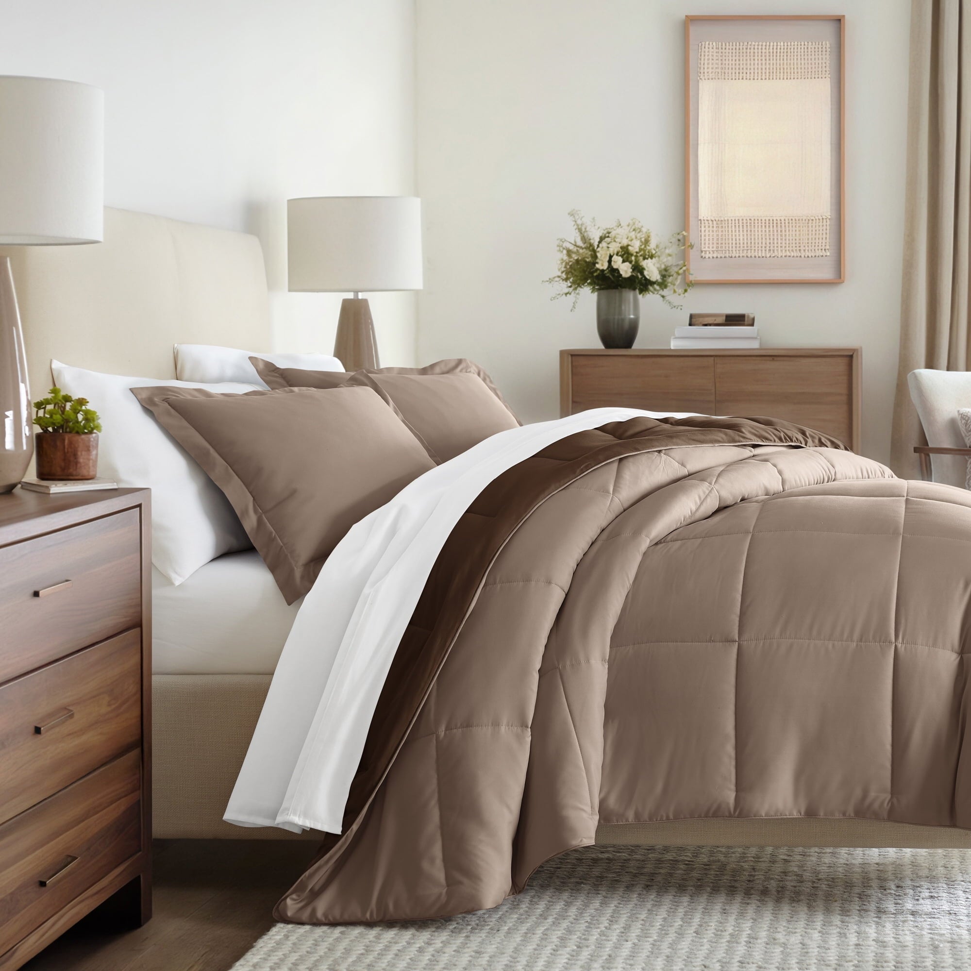 Luxurious Quilted All Season Reversible Comforter Set Breathable Cool in Taupe & Chocolate Brown Full/Queen Size Bedding - Hypoallergenic Ultra-Fluffy Quilt for Winter - Default Title