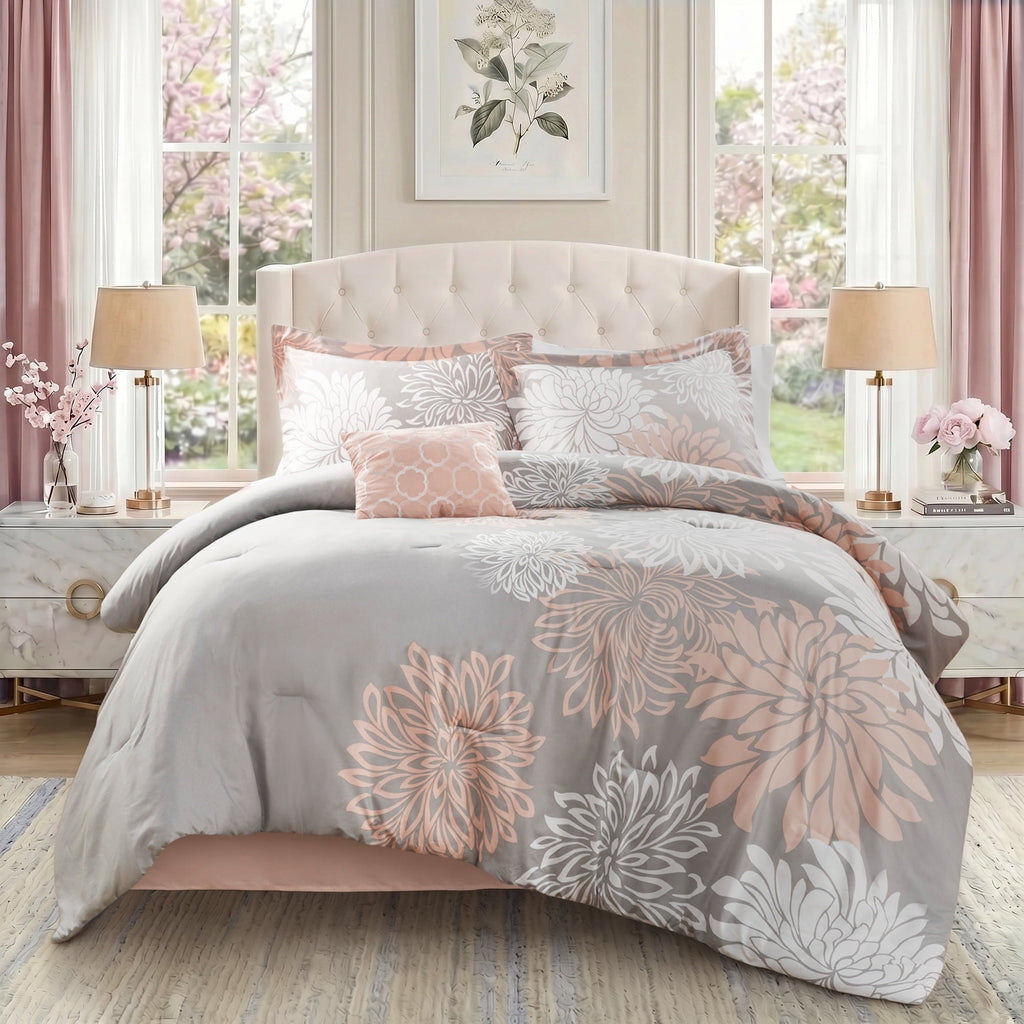 Fluffy Down Alternative King Size Comforter Set, 5-Piece Floral Bedding Set for All Season, Blush Comforter Set King with Bed Skirt - Cloud-Like Soft Lightweight Bed Comforter - Default Title