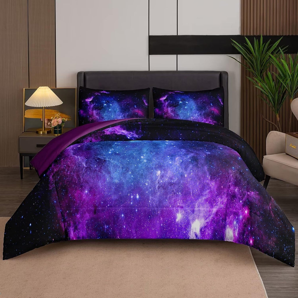 All-Season Galaxy Comforter Set Outer Space Purple Starry Sky Night Pattern Bedding Set for Girls Boys Kids Teens Twin Size with... - Cloud-Like Soft Lightweight Bed Comforter - Default Title