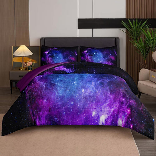 All-Season Galaxy Comforter Set Outer Space Purple Starry Sky Night Pattern Bedding Set for Girls Boys Kids Teens Twin Size with... - Cloud-Like Soft Lightweight Bed Comforter - Default Title