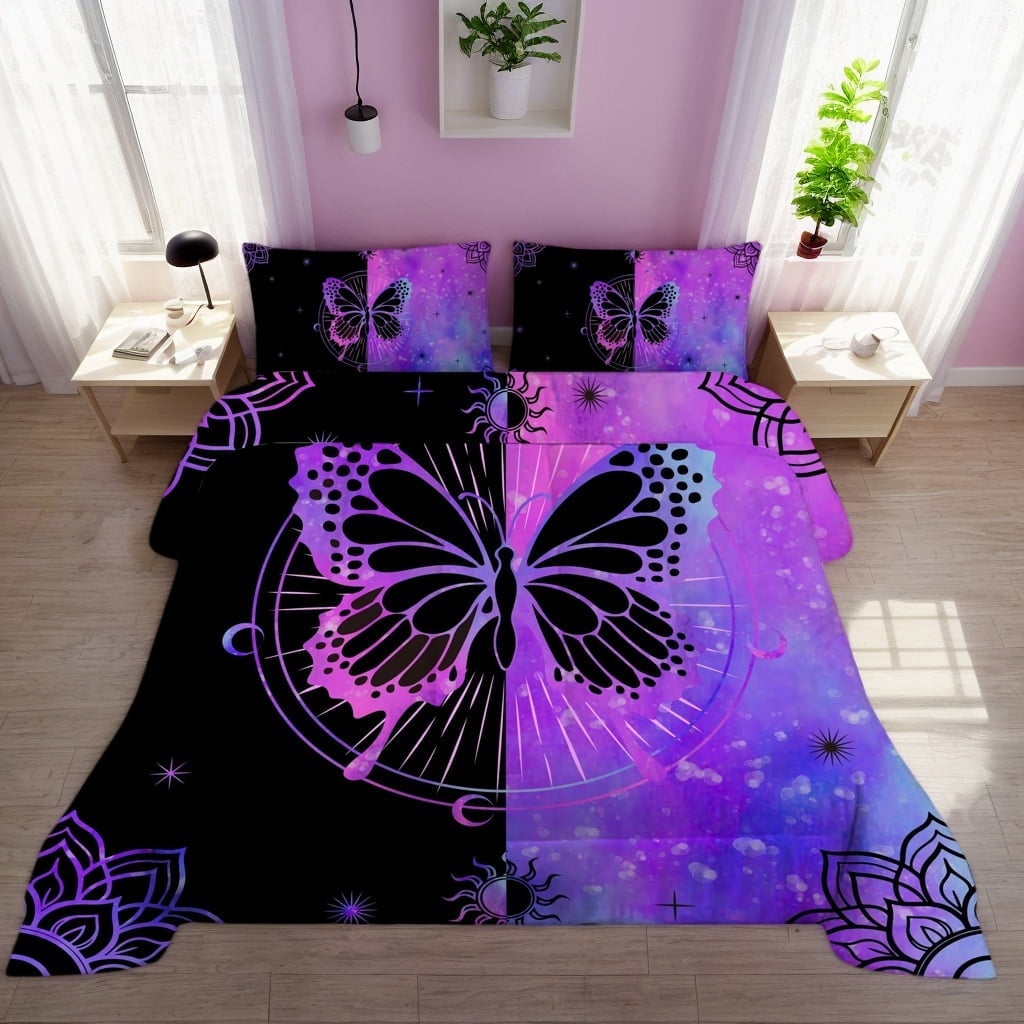 Luxurious Quilted Butterfly Comforter Set Full Size for Girls Kids Teens Black Blue Purple Tie Dye Bedding Set 3 Pieces - All-Season Down Alternative Comforter Insert - Default Title