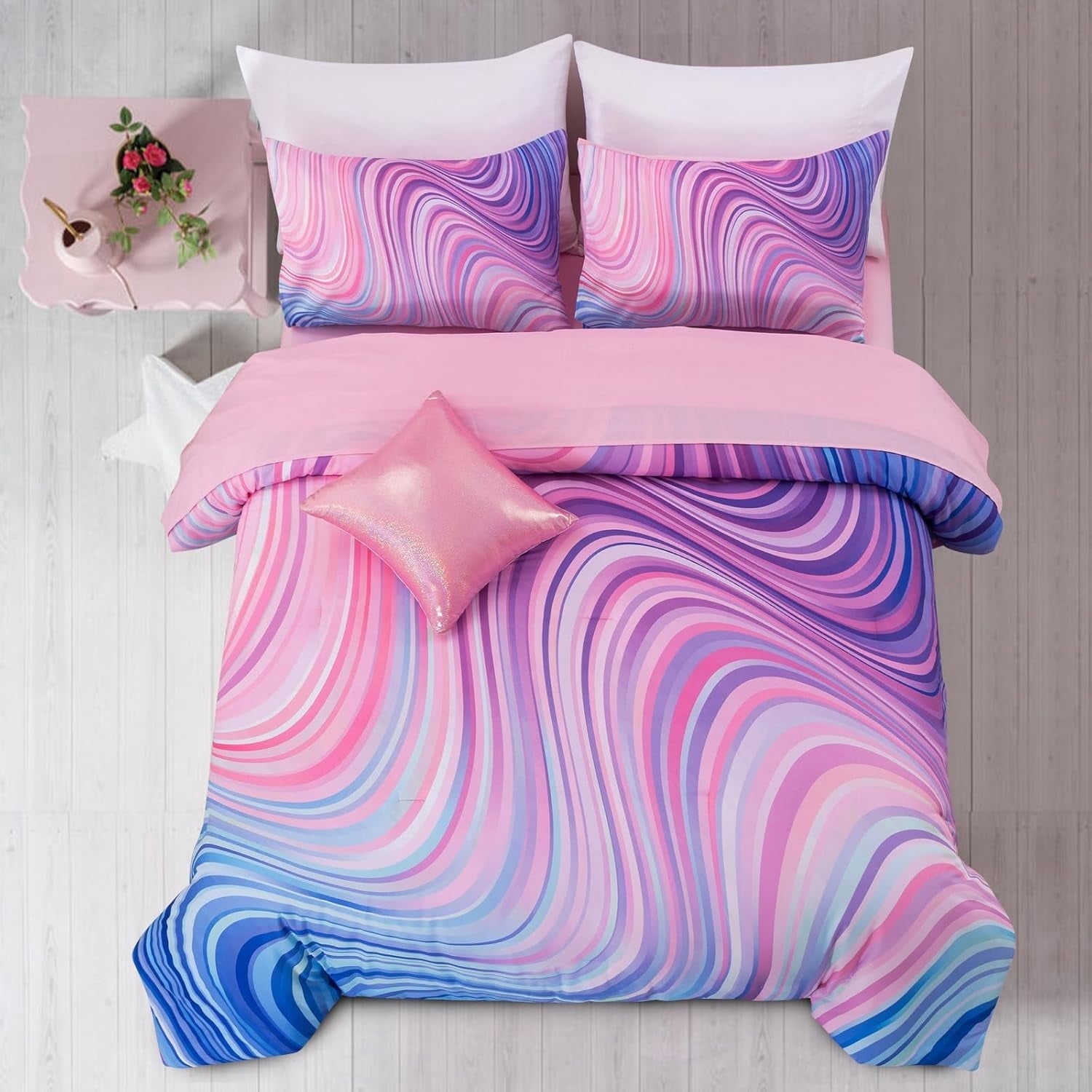 Luxurious Quilted 6 Pieces Gradient Star Ring Comforter Set, Colorful Glitter Rainbow Wave Stripes Pattern Bedding Set for Boys Girls T... - Hypoallergenic Ultra-Fluffy Quilt for Winter - Default Title