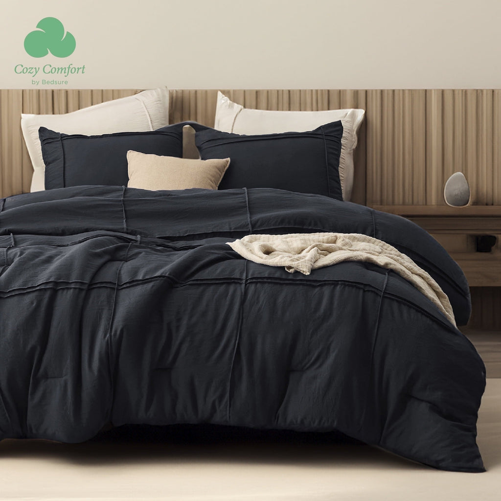 Heavyweight Warmth Cozy Comfort Full Comforter Set with Sheet - 4 Pieces Soft Black Bedding Sets, Grid Pinch Pleat, All Season Lightweig... - All-Season Down Alternative Comforter Insert - Default Title