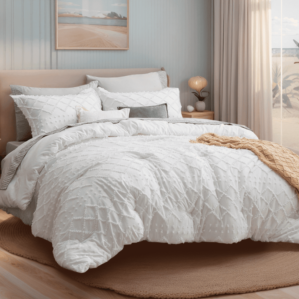 Fluffy Down Alternative Queen Comforter Set, Boho Tufted Shabby Chic Bedding Comforter Set, 3 Pieces Farmhouse Bed Set for All Seasons, White... - All-Season Down Alternative Comforter Insert - Default Title