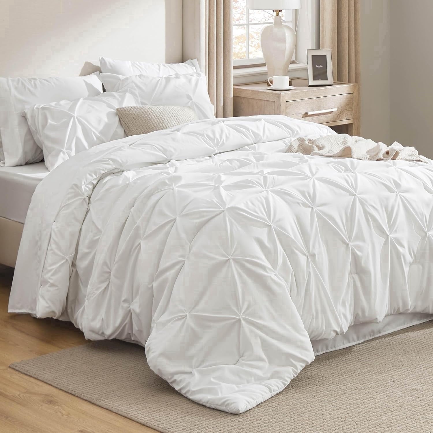 All-Season White Queen Comforter Set- 7 Pieces Pintuck Bedding Set with Comforters, Sheets, Pillowcases & Shams - Hypoallergenic Ultra-Fluffy Quilt for Winter - Default Title