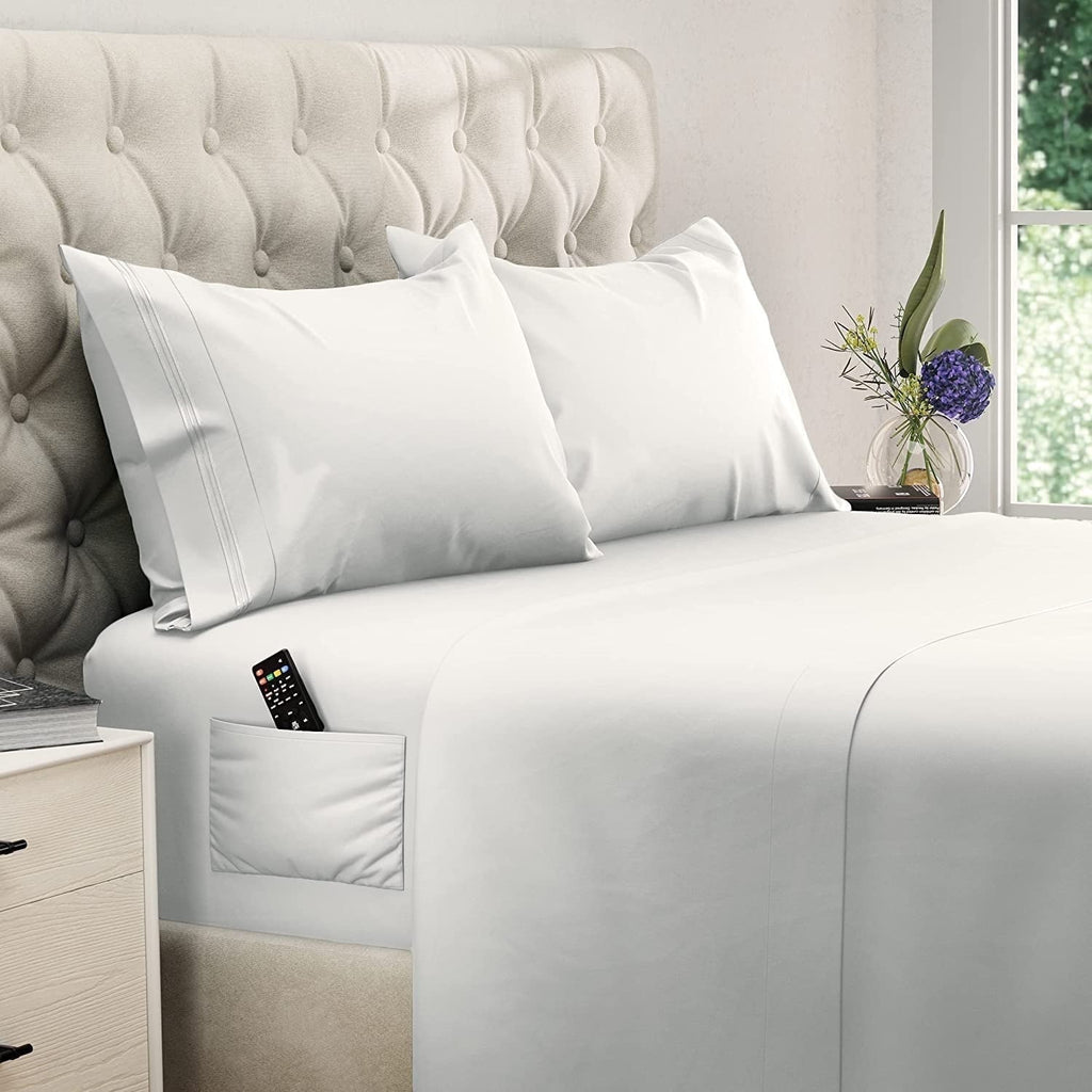 Premium Egyptian Cotton Bed Sheets Set - Queen Size Sheet with Side Pocket - 4pcs Set, 15 inches, White - Breathable Egyptian Cotton Flat & Fitted Sheets - Default Title