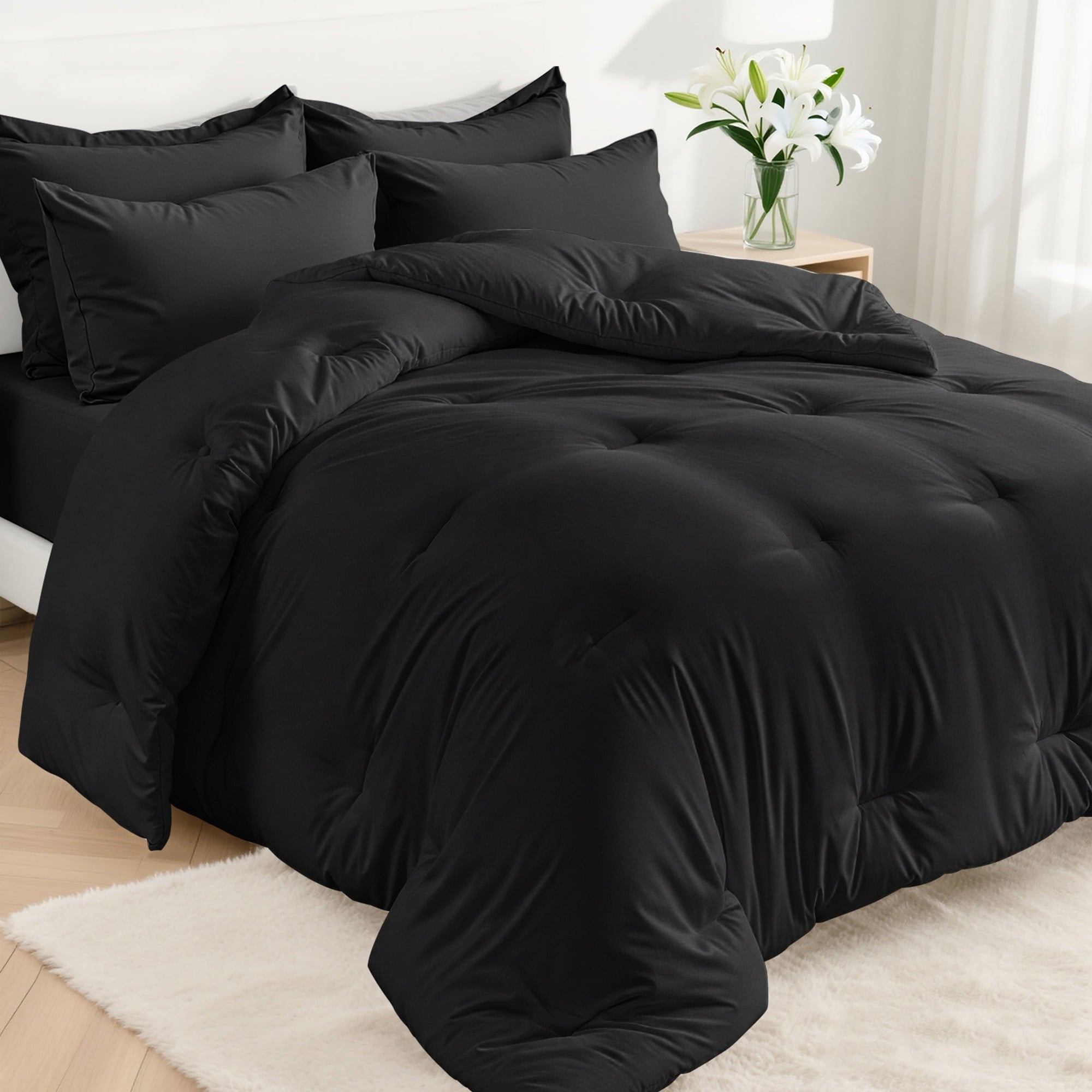 Luxurious Quilted 5-Piece Bed in Bag - Twin Size Comforter Sets, Pillowcases & Sheet Collection for Cozy Bedding Sets Black - Luxurious Quilted Duvet Cover Set - Default Title