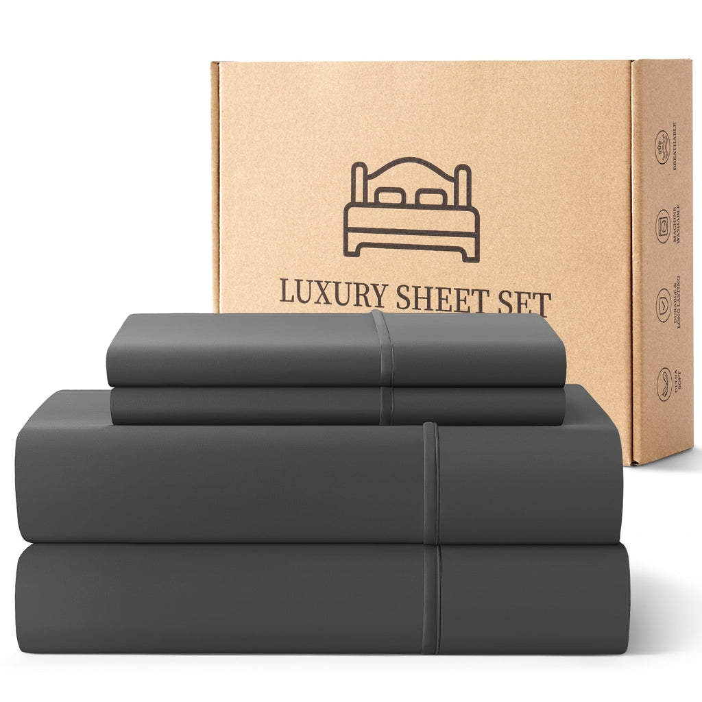 Wrinkle-Resistant Sheets,Soft Hotel Luxury Polyester Washed Cotton,4 Piece Sheets Set,with 14" Deep Pocket,Dark Gray - Breathable Egyptian Cotton Flat & Fitted Sheets - Default Title