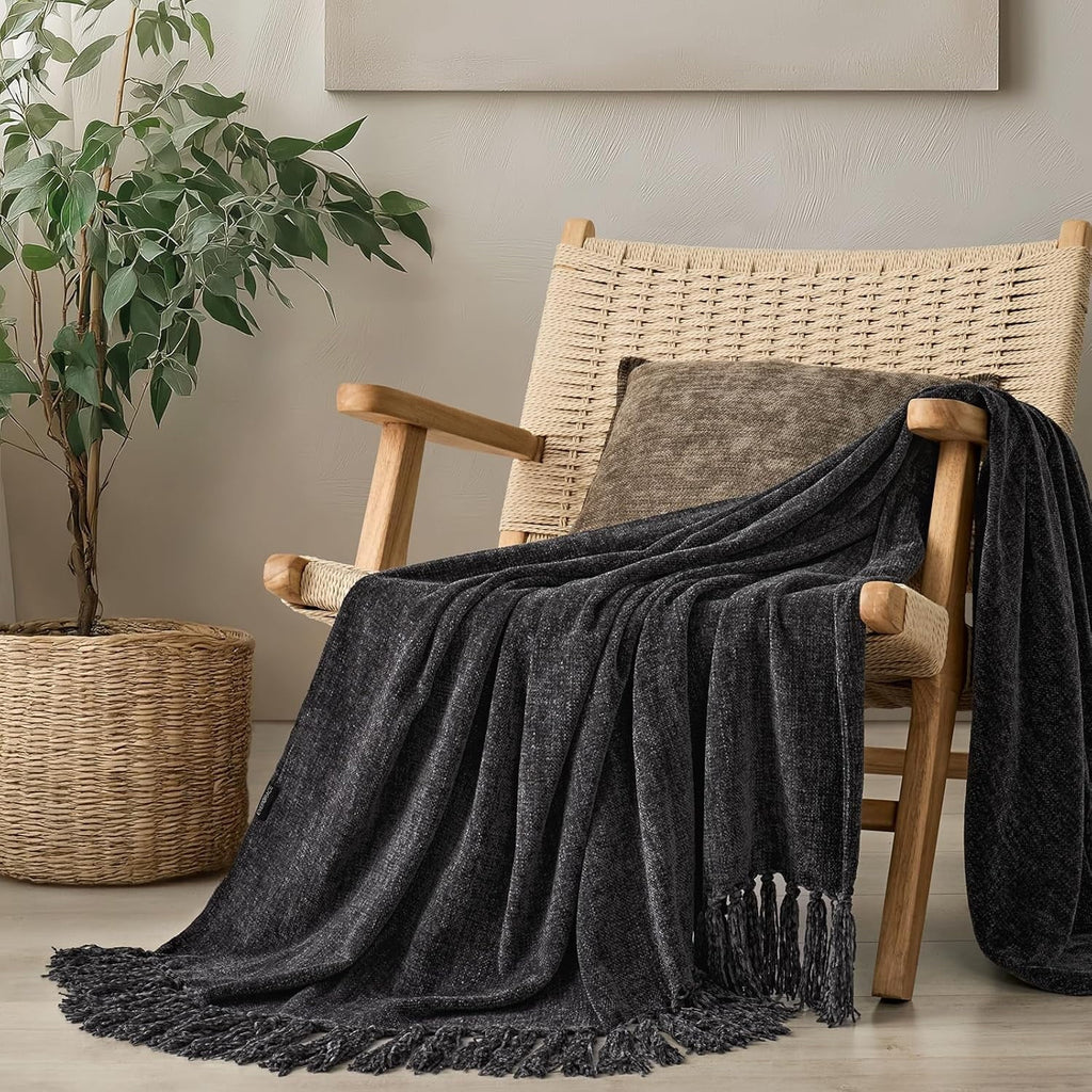 Decorative Knitted Soft Chenille Throw Blanket for Couch, Cozy Plush Fuzzy Decorative Chenille Knit Throw Blanket with Tassels, Lightwei... - Cozy Fleece Throw Blanket for Couch & Bed - Default Title