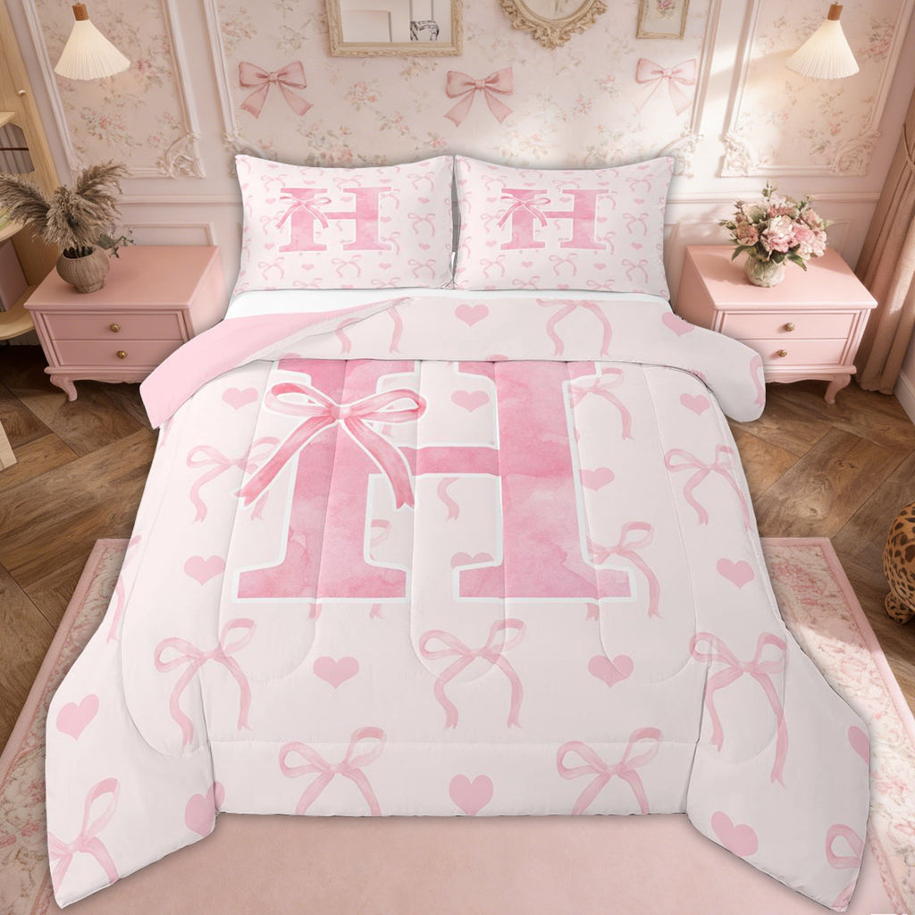 All-Season Kawaii Bowknot Bedding Sets Full with Comforter, Initial H Duvet Insert, Romantic Initial A-Z Decor, Reversible - Luxurious Quilted Duvet Cover Set - Default Title