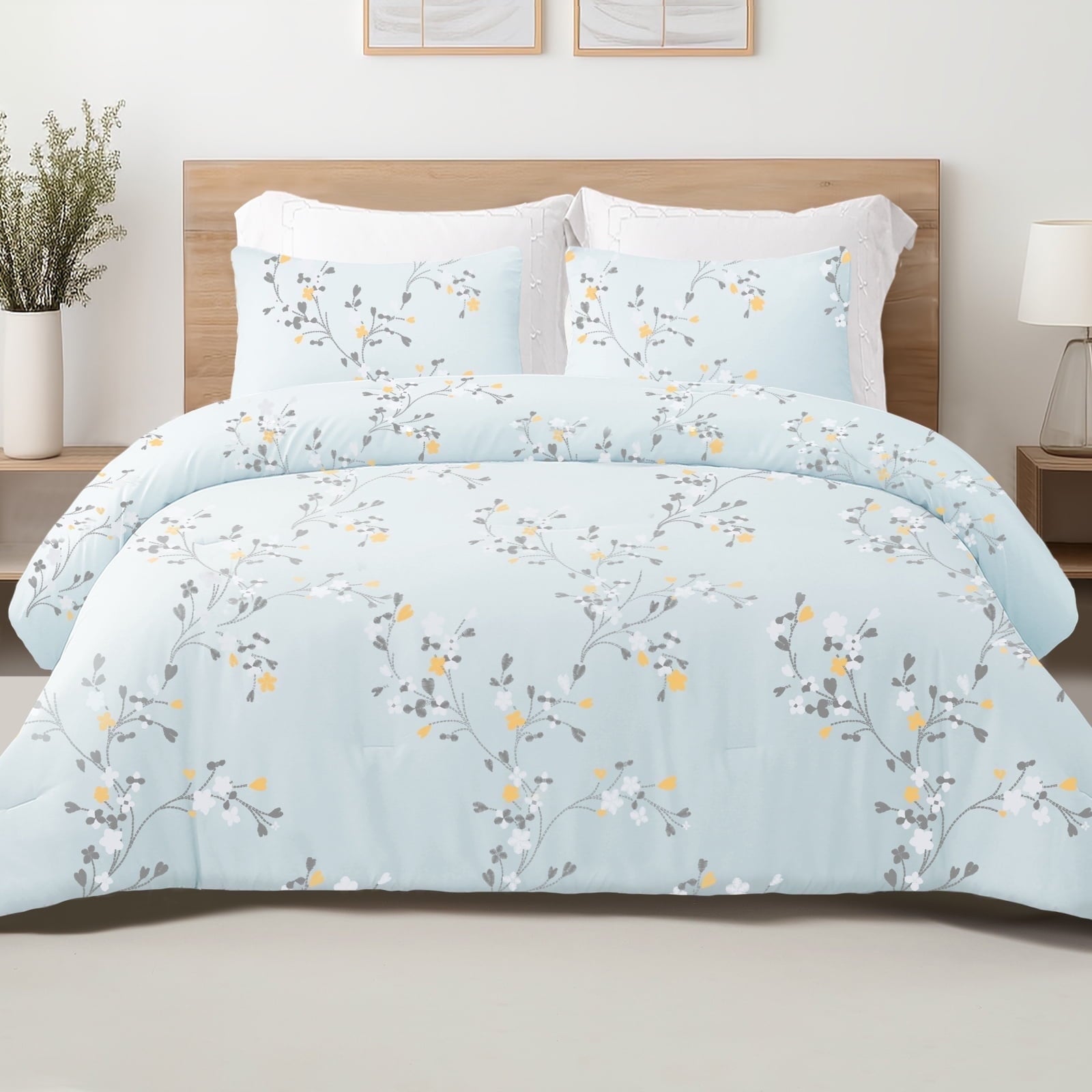 Fluffy Down Alternative 3-Piece Floral King Size Comforter Set, Microfiber Bedding Down Alternative Comforter for All Seasons with 2 Pillow S... - Hypoallergenic Ultra-Fluffy Quilt for Winter - Default Title