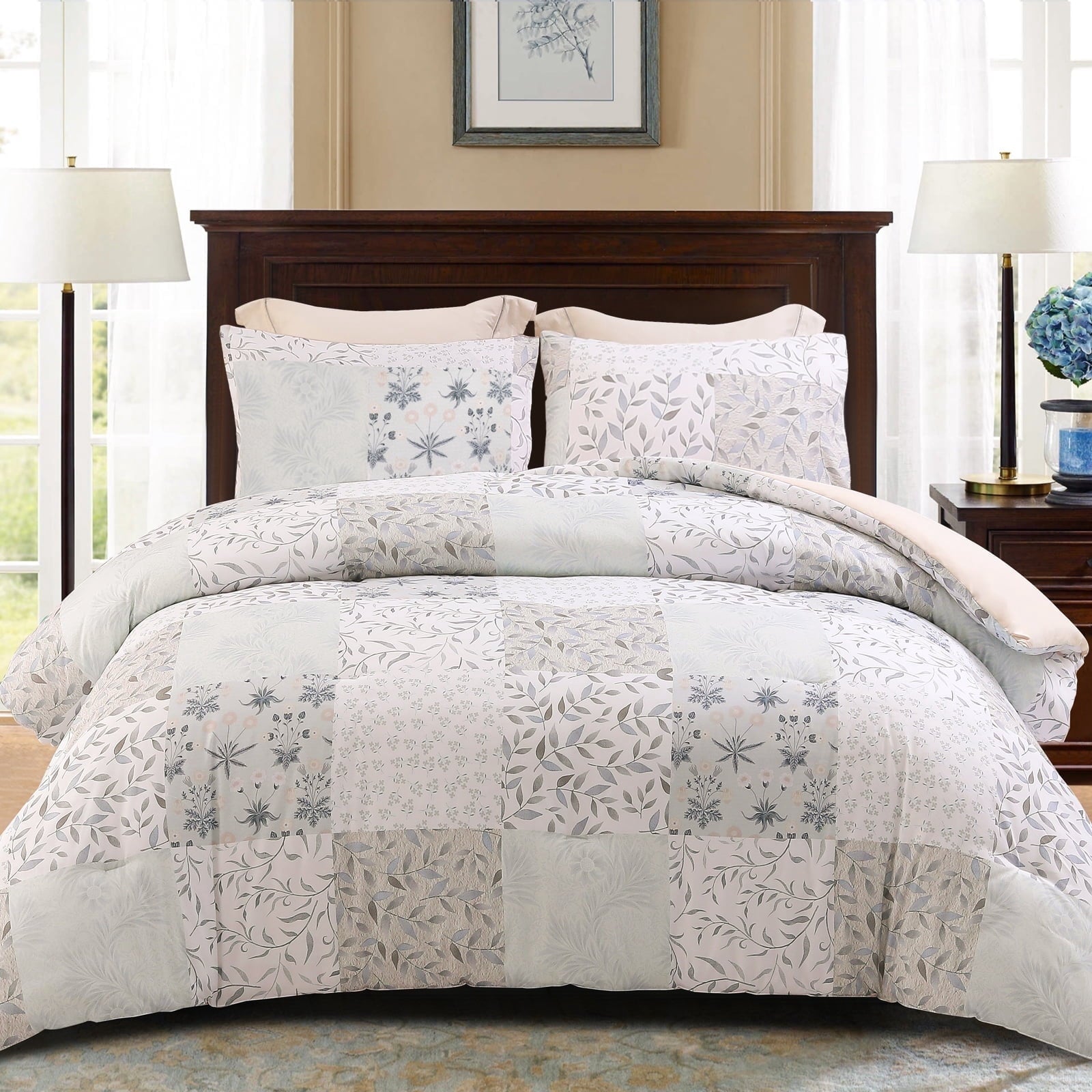 Fluffy Down Alternative 3-Piece Patchwork King Size Comforter Set, Microfiber Bedding Down Alternative Comforter for All Seasons with 2 Pillo... - Hypoallergenic Ultra-Fluffy Quilt for Winter - Default Title