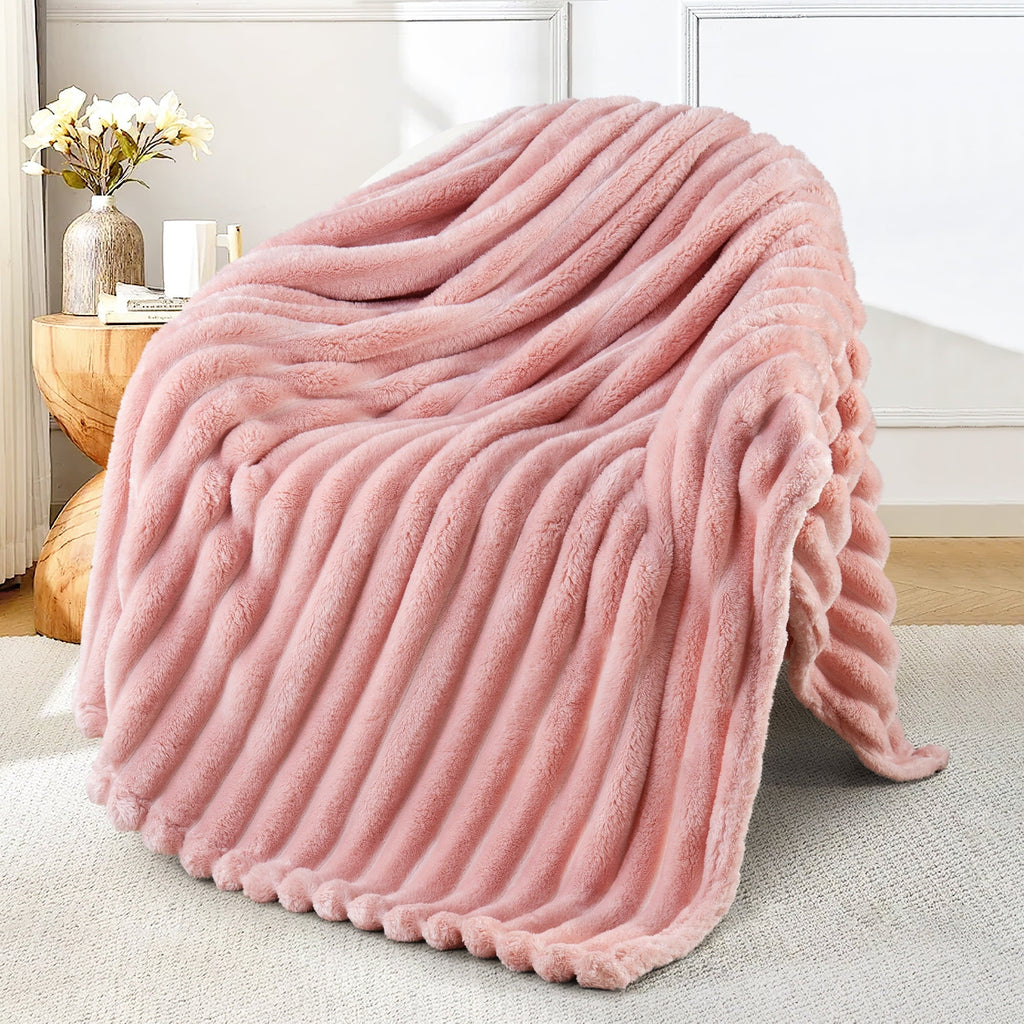 Decorative Knitted Fleece Throw Blanket for Couch, Super Soft 3D Striped Jacquard Blanket, Lightweight Fuzzy Cozy Blankets, Pink, 50"x60" - Lightweight Plush Warm Blanket for All Seasons - Default Title