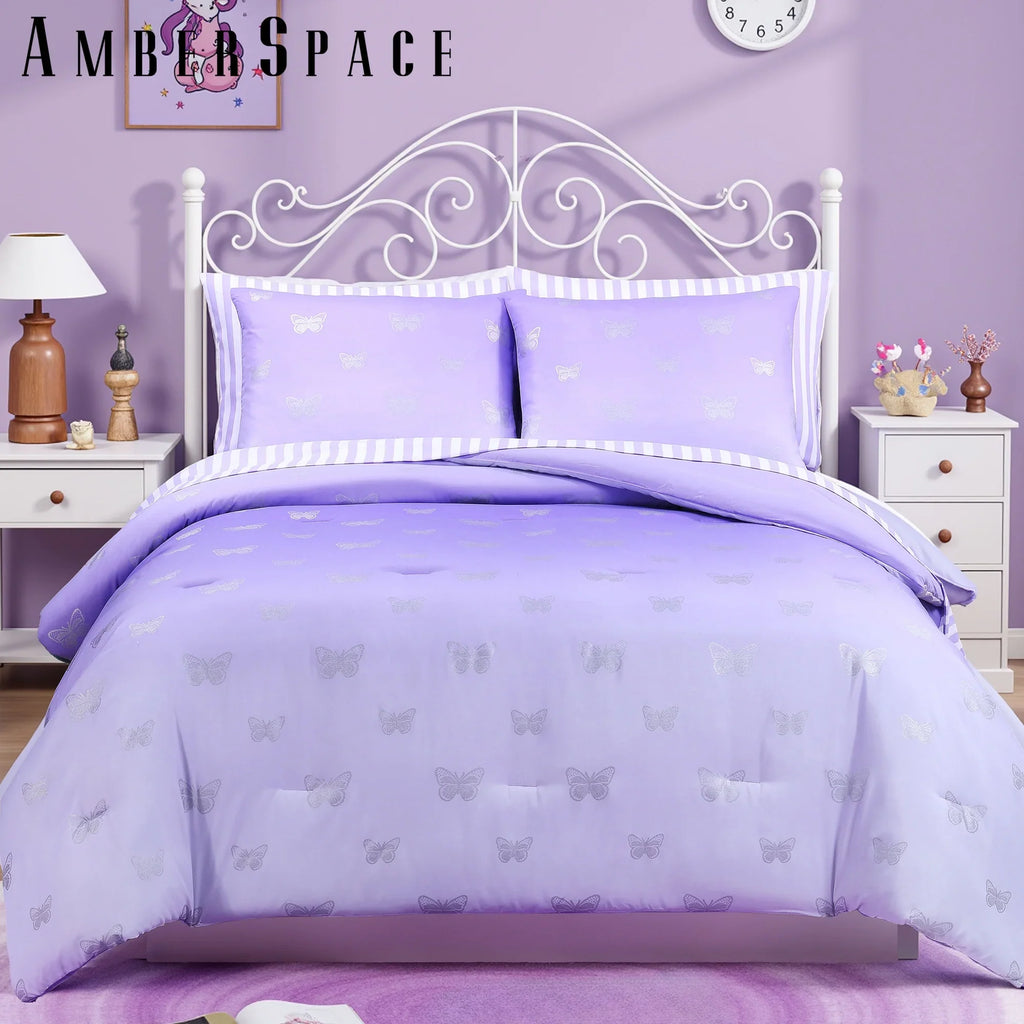 All-Season gold foil Design 7-piece Bed in a Bag Comforter Set with Sheets,Purple/Silver Butterflies,Full - Luxurious Quilted Duvet Cover Set - Default Title
