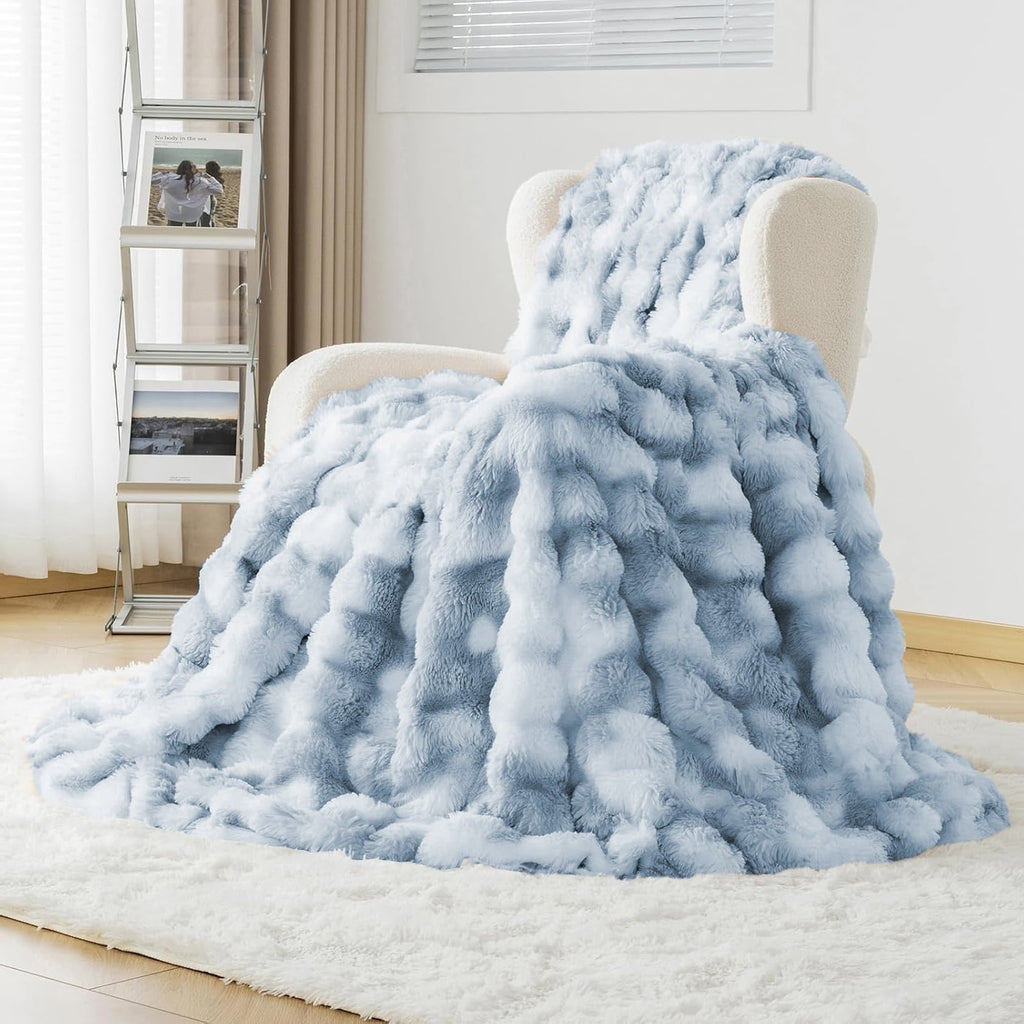 Reversible Sherpa Faux Fur Blanket Fluffy Luxury Throw Blanket Plush Fuzzy Blanket for Couch Bed 50×60 Inches Tie-dyed Blue - Lightweight Plush Warm Blanket for All Seasons - Default Title