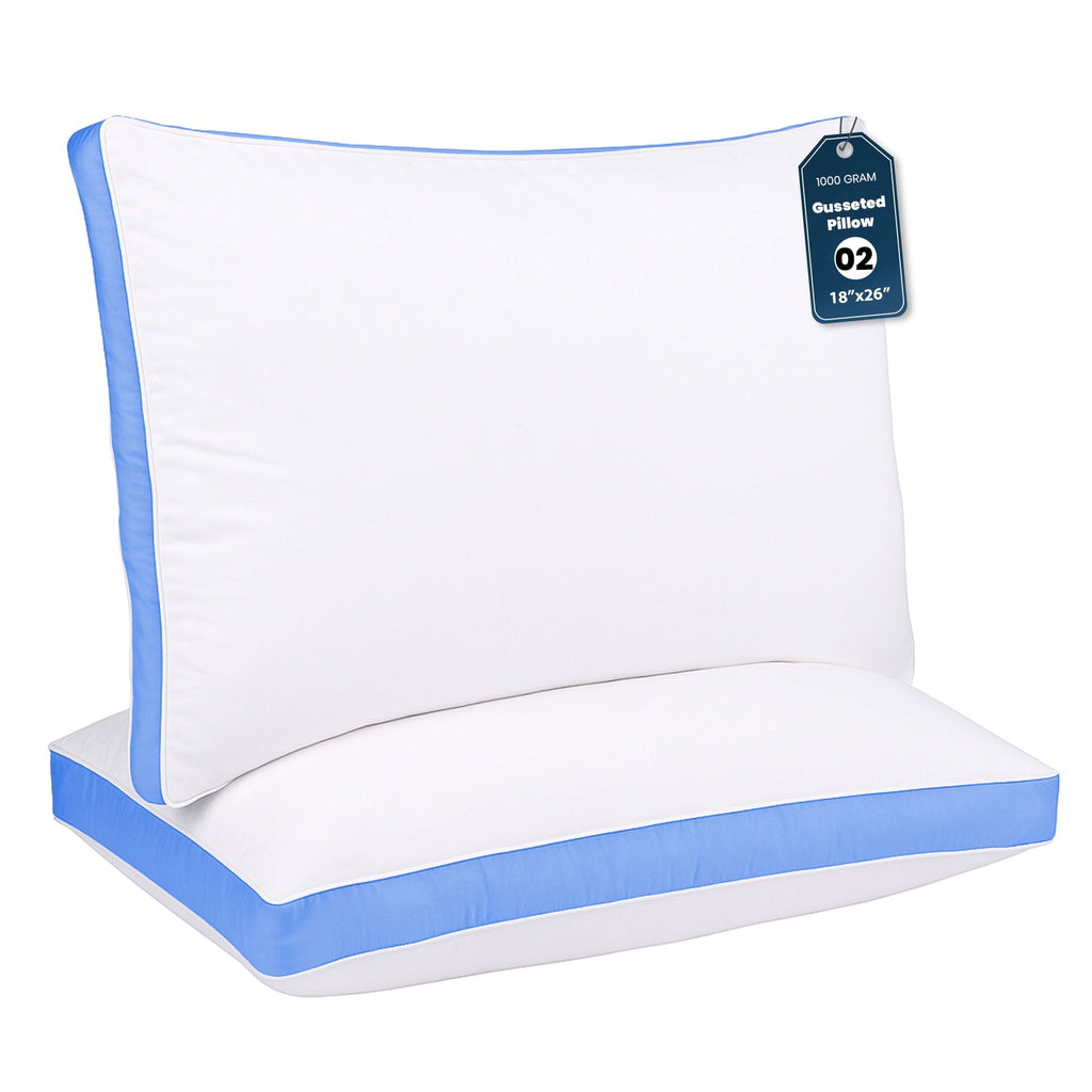 Hotel Collection Gusseted Queen 18x26 Bed Pillows for Sleeping Set of 2 Polycotton White Blue Stripe Comfortable - Ergonomic Memory Foam Pillow for Neck Pain Support - Default Title