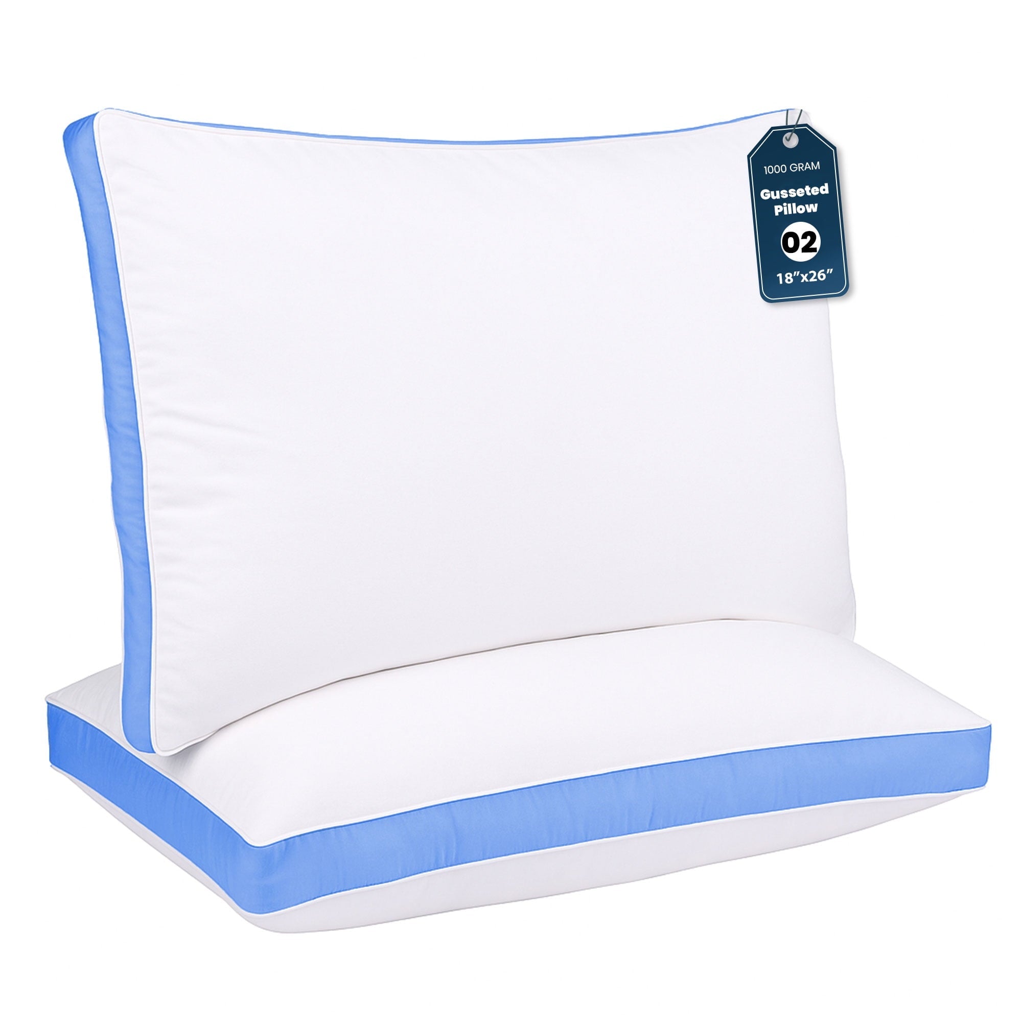 Hotel Collection Gusseted Queen 18x26 Bed Pillows for Sleeping Set of 2 Polycotton White Blue Stripe Comfortable - Ergonomic Memory Foam Pillow for Neck Pain Support - Default Title