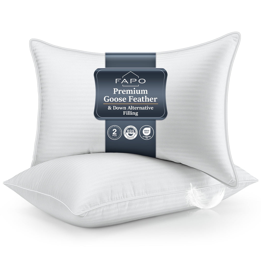 Decorative Plump Goose Feather Pillows Queen Size Set of 2, Hotel Down Bed Pillow for Sleeping,Soft 600 TC Cotton Cover - Decorative Throw Pillow Cushion for Sofa & Bed - Default Title