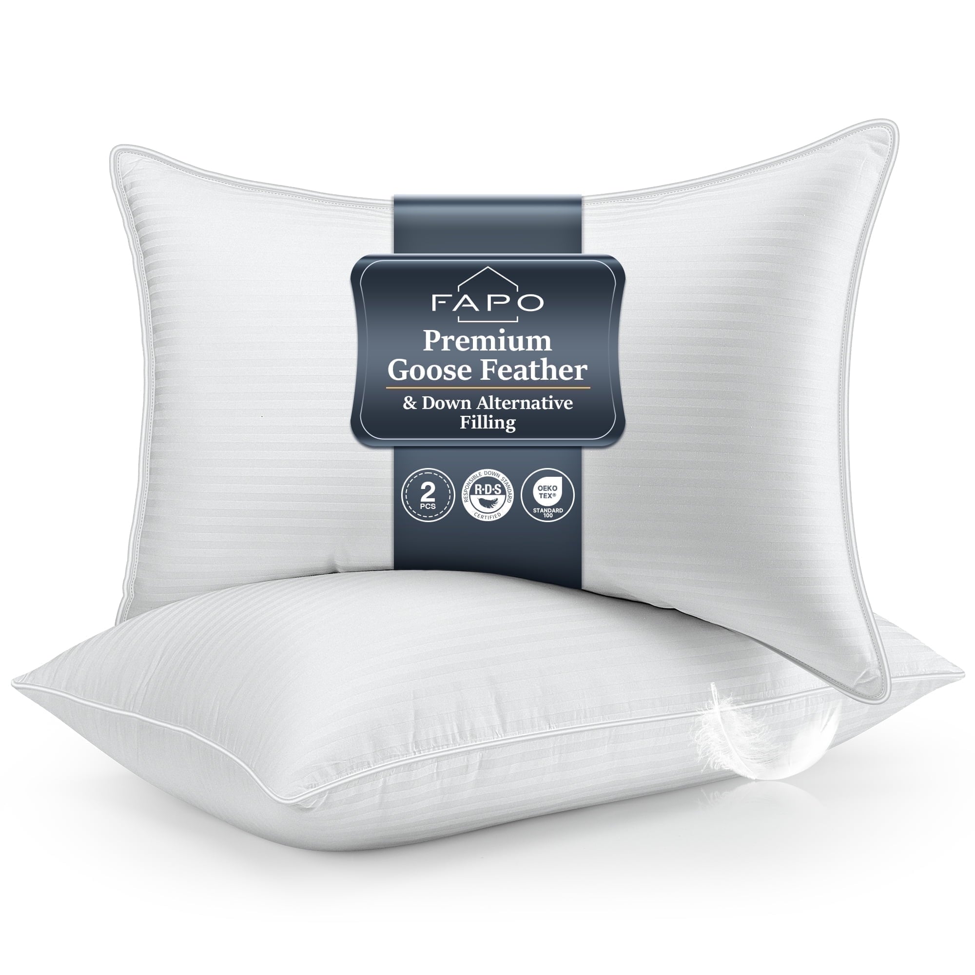 Decorative Plump Goose Feather Pillows Queen Size Set of 2, Hotel Down Bed Pillow for Sleeping,Soft 600 TC Cotton Cover - Decorative Throw Pillow Cushion for Sofa & Bed - Default Title