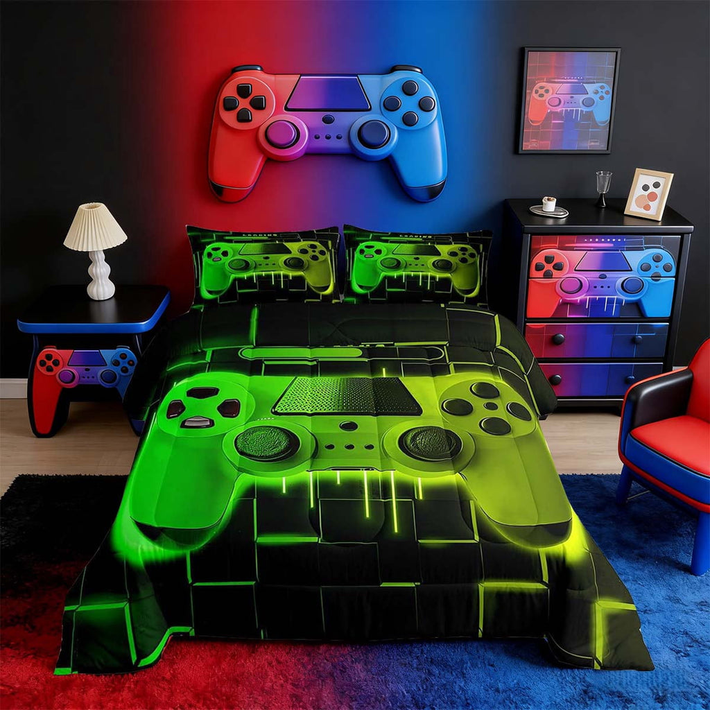 Hypoallergenic Cloud Green Yellow Gaming Full Size Comforter Sets - Gamer Comforter Full Size Bedding Set, Neon Lights Abstract Geometry D... - Luxurious Quilted Duvet Cover Set - Default Title