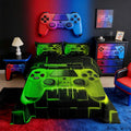 Hypoallergenic Cloud Green Yellow Gaming Full Size Comforter Sets - Gamer Comforter Full Size Bedding Set, Neon Lights Abstract Geometry D... - Luxurious Quilted Duvet Cover Set - Default Title