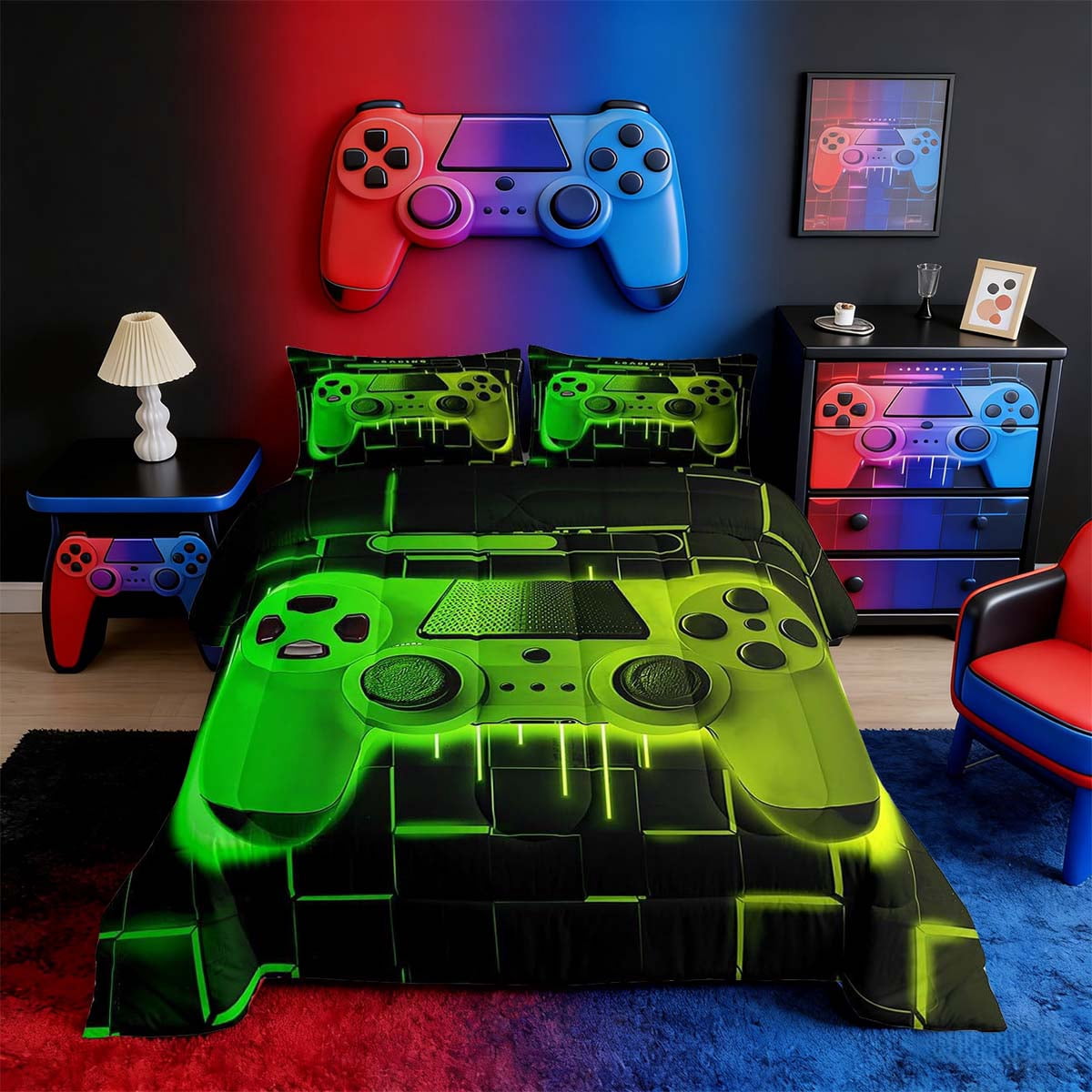 Hypoallergenic Cloud Green Yellow Gaming Full Size Comforter Sets - Gamer Comforter Full Size Bedding Set, Neon Lights Abstract Geometry D... - Luxurious Quilted Duvet Cover Set - Default Title