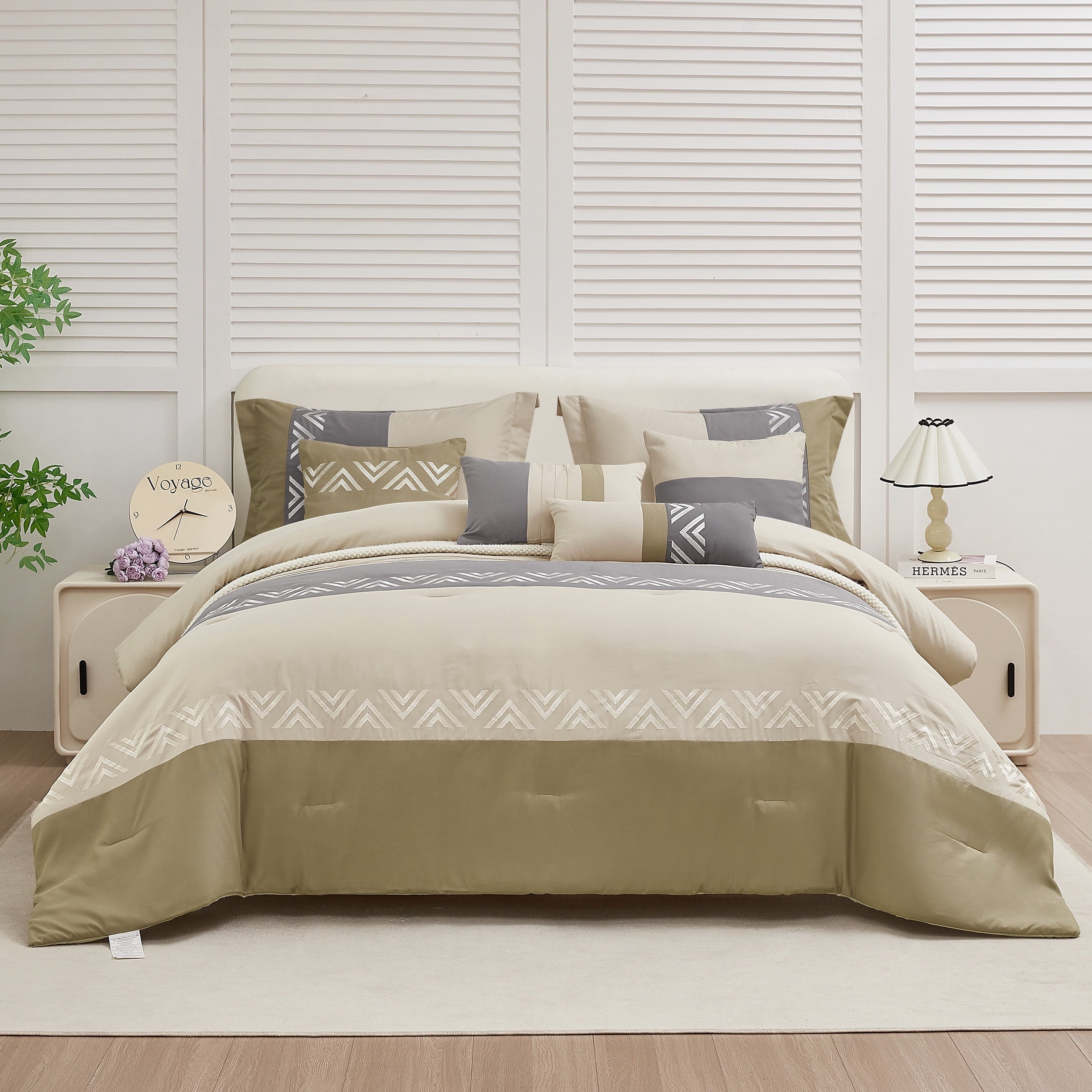 Fluffy Down Alternative 7 Piece Embroidery Design Bed-in-a-Bag, Taupe Queen Size Ultra Soft Comforter Set for Adults - Hypoallergenic Ultra-Fluffy Quilt for Winter - Default Title