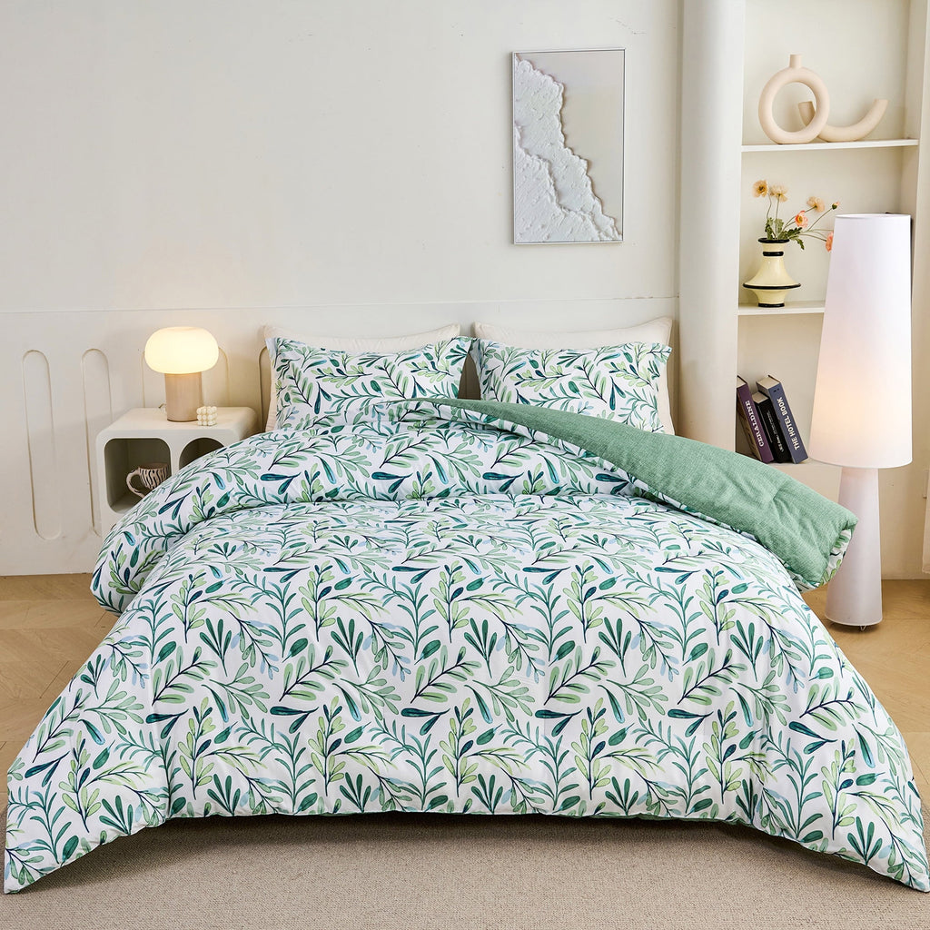 Fluffy Down Alternative 3-Piece Floral Comforter Set King Size, Green and White Botanical, Soft Microfiber All-Season Bedding for Adults & Teens - Hypoallergenic Ultra-Fluffy Quilt for Winter - Default Title