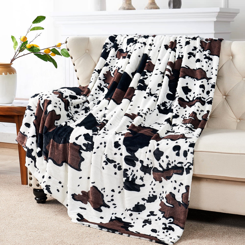 Decorative Knitted Cow Print Double Sided Faux Fur Throw Blanket, Soft Cozy Fuzzy Black and White Throw, 50x60 inches - Lightweight Plush Warm Blanket for All Seasons - Default Title