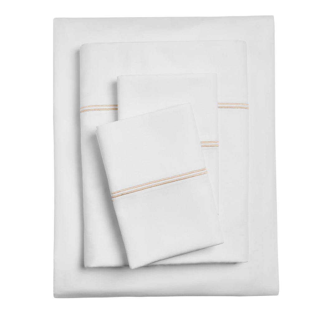 Cooling Sateen 4-Piece 300 Thread Count White Pima Cotton Bed Sheet Set with Tan Hem, Full , Adult/Teen - Breathable Egyptian Cotton Flat & Fitted Sheets - Default Title