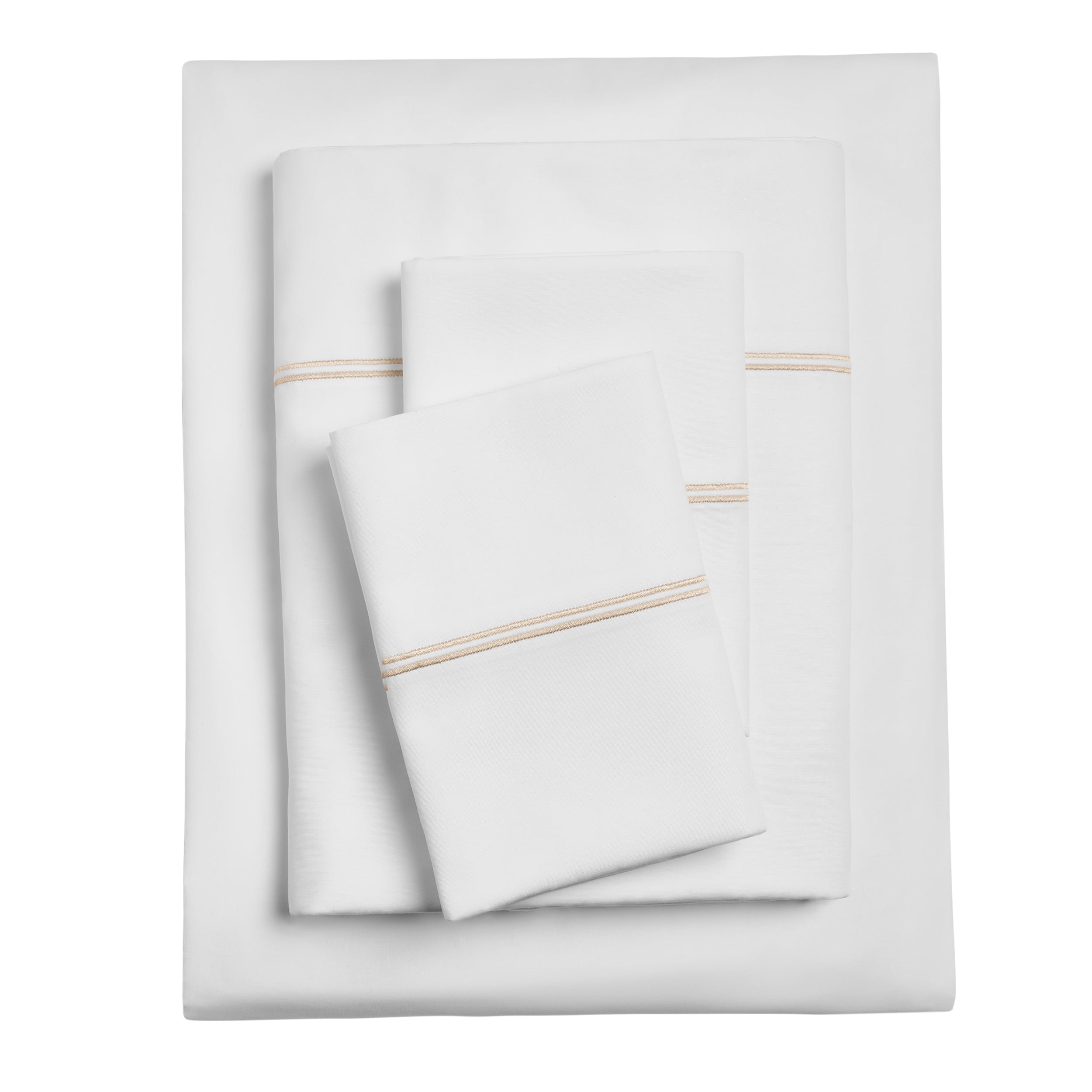 Cooling Sateen 4-Piece 300 Thread Count White Pima Cotton Bed Sheet Set with Tan Hem, Full , Adult/Teen - Breathable Egyptian Cotton Flat & Fitted Sheets - Default Title