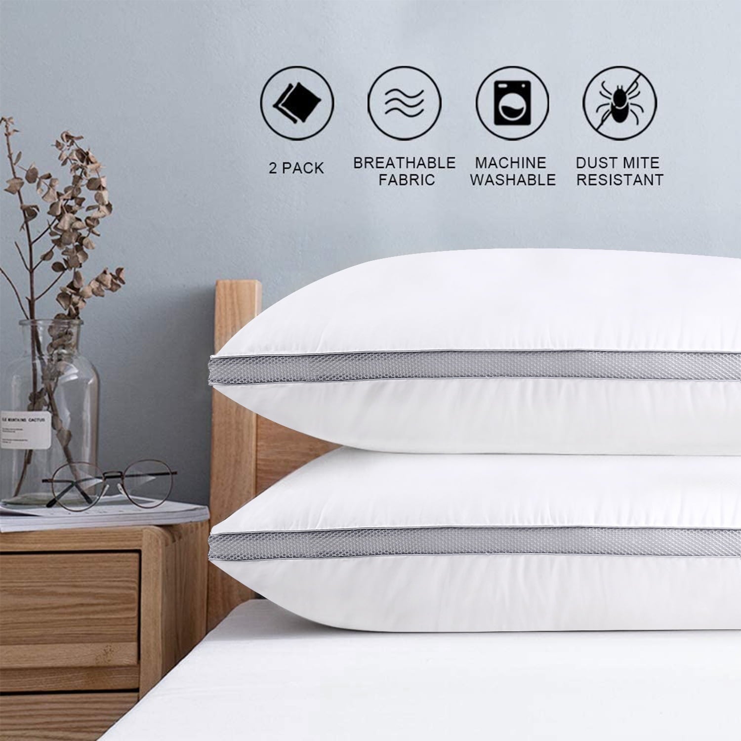 Hotel Collection Down Alternative Bed Pillow with Cotton Cover and Gusset, 2 Pack, Queen, 20"x26" - Hotel Quality Plush Sleeping Pillows - Default Title