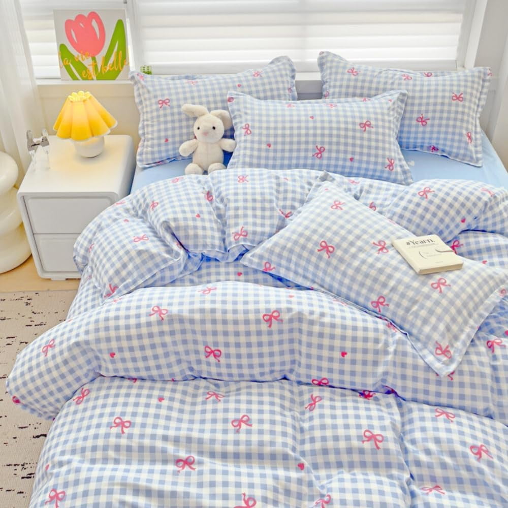 Heavyweight Warmth 3-Piece Blue Plaid Pink Bows Comforter Full Set , Cute Soft Bedding Set for Kids Adults - Cloud-Like Soft Lightweight Bed Comforter - Default Title