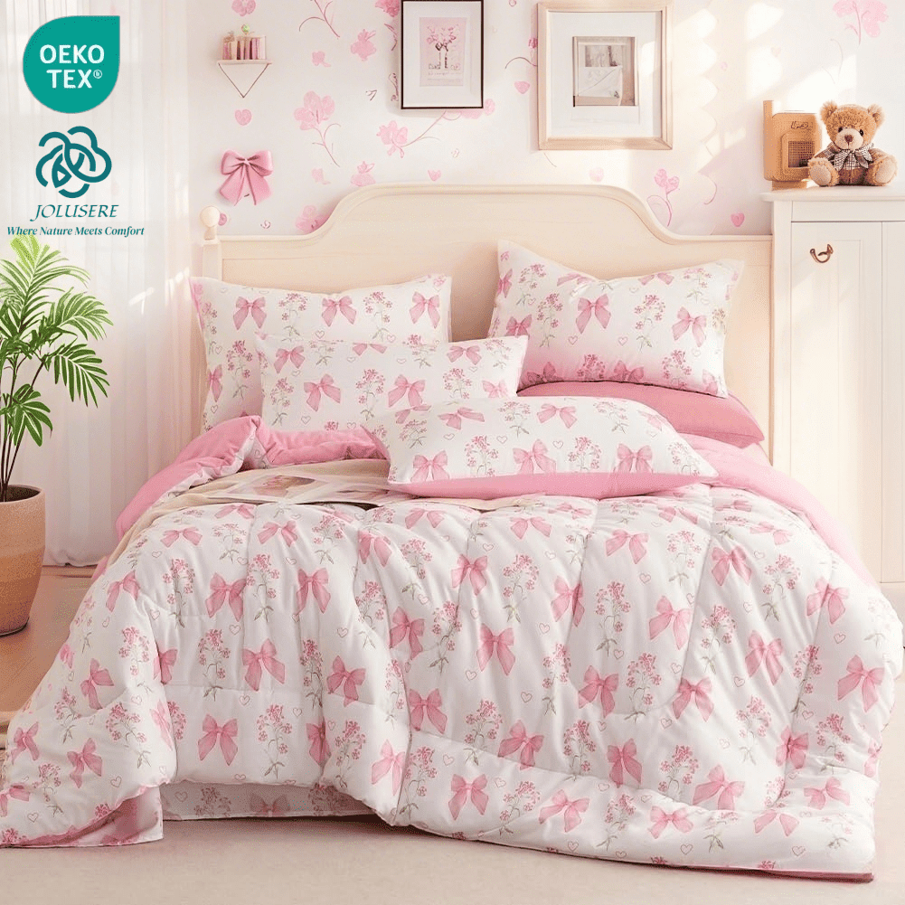 Luxurious Quilted Pink Bowknot Girls Comforter Set Twin Size, 3 Pieces Bows Princess Style Bedding Set for Girls for All Season - Cloud-Like Soft Lightweight Bed Comforter - Default Title