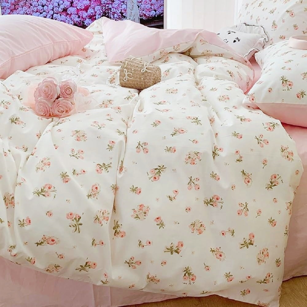 Hypoallergenic Cloud Pink loyalty Floral Comforter Queen Sets, 3 Pieces Chic Botanical Pink White Floral Reversible Comforter for All Season - All-Season Down Alternative Comforter Insert - Default Title