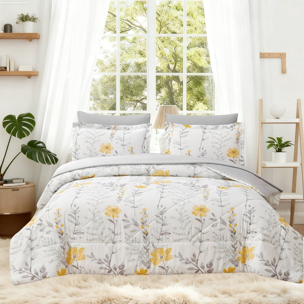 Hypoallergenic Cloud 3 Piece Comforter Set Queen Yellow Floral Quilt Microfiber Patchwork Bedspread - Luxurious Quilted Duvet Cover Set - Default Title
