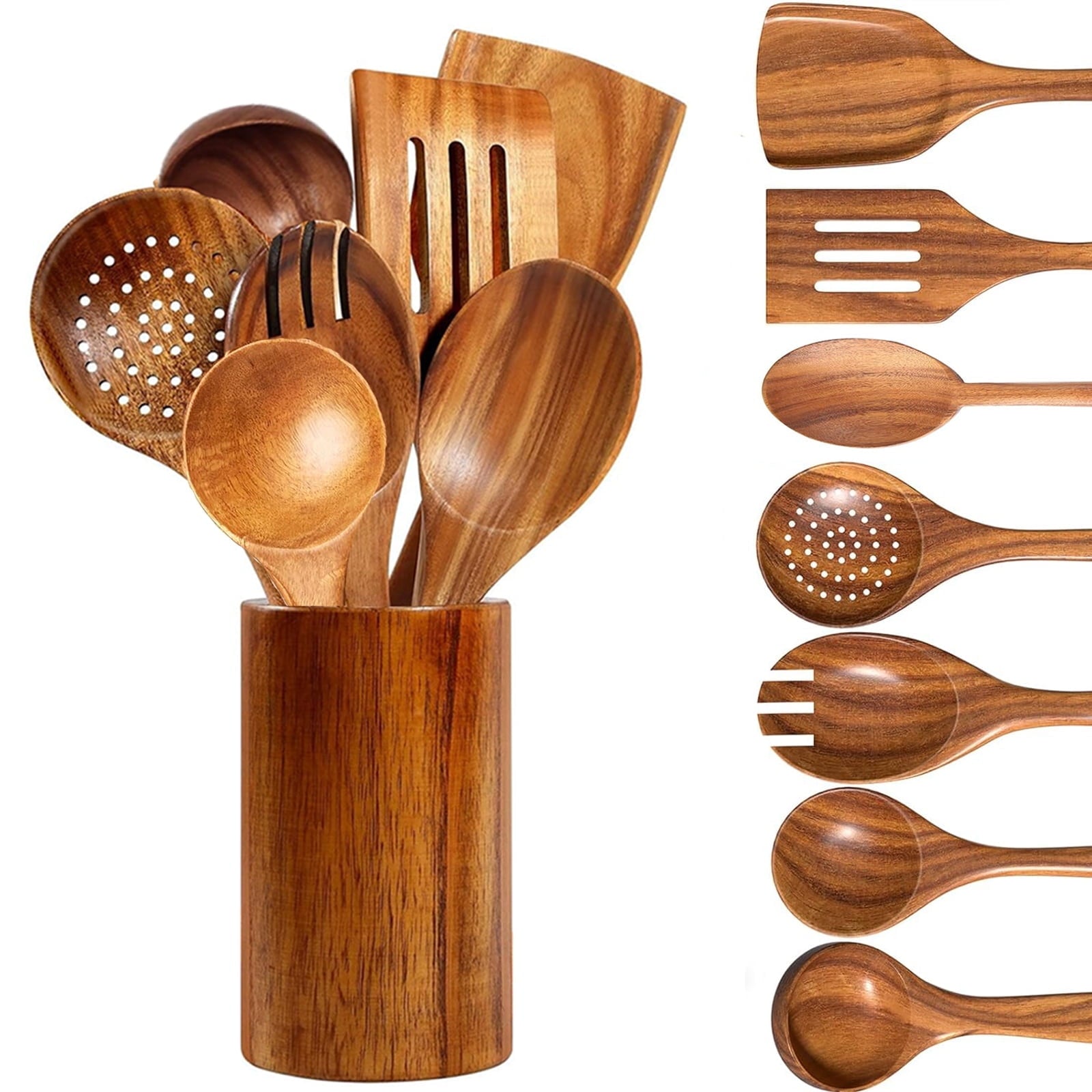 Premium Silicone Wooden Spoons for Cooking, 8 Pcs Natural Teak Wooden Utensils Set, Non-Stick & Heat Resistant Durable Wood ... - Premium Stainless Steel Cooking Utensil for Non-Stick Pots - Default Title