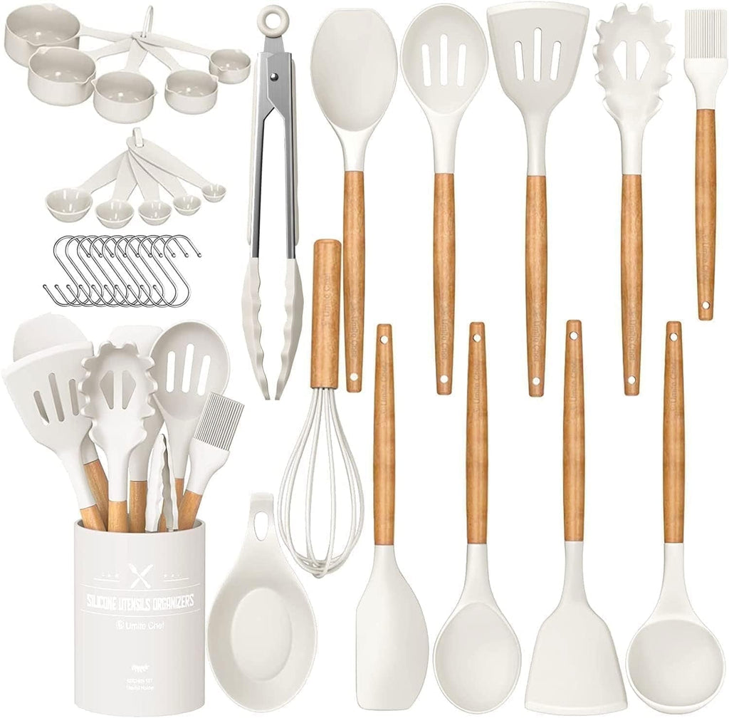 Ergonomic Manual Kitchen Cooking Utensils Set, 33 pcs Non-stick Silicone Cooking Kitchen Utensils Spatula Set with Holder, Wooden Hand... - Multi-Functional Manual Food Chopper & Slicer - Default Title