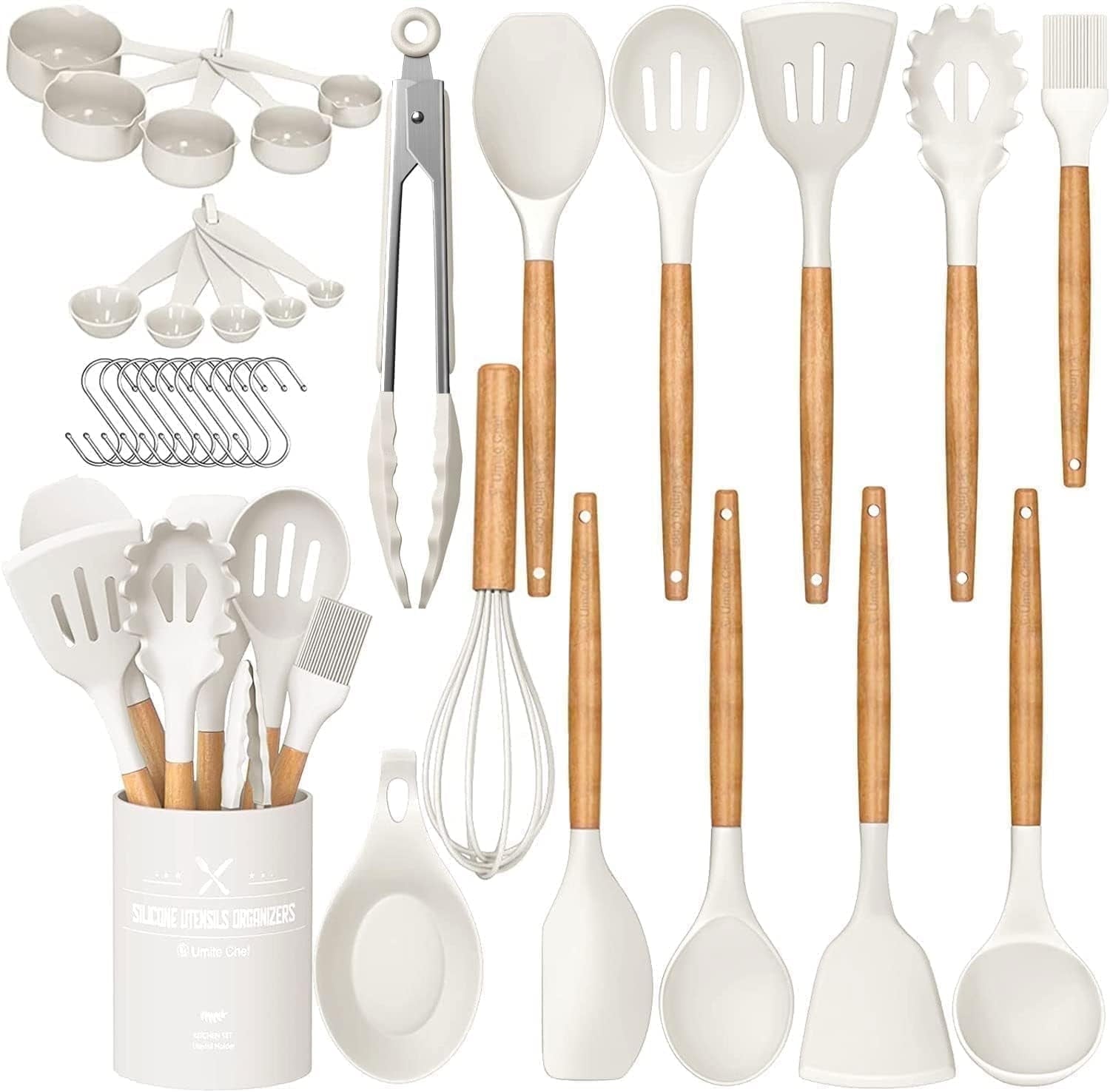 Professional Grade Kitchen Cooking Utensils Set, 33 pcs Non-stick Silicone Cooking Kitchen Utensils Spatula Set with Holder, Wooden Hand... - Professional Kitchen Tool for Culinary Enthusiasts - Default Title